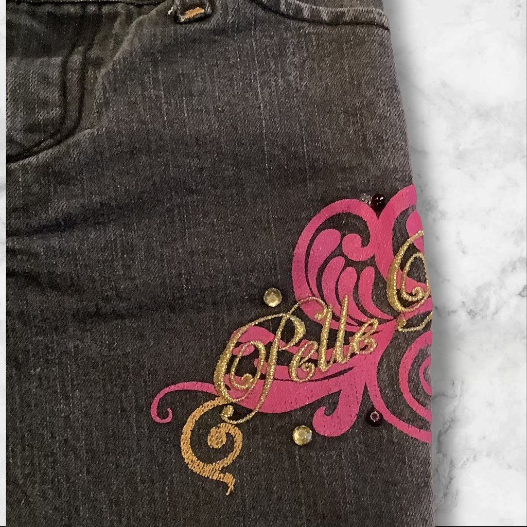 PellePelle Girls Size 6X Black Jeans With Belle Belle Design & Embroidered Cuffs