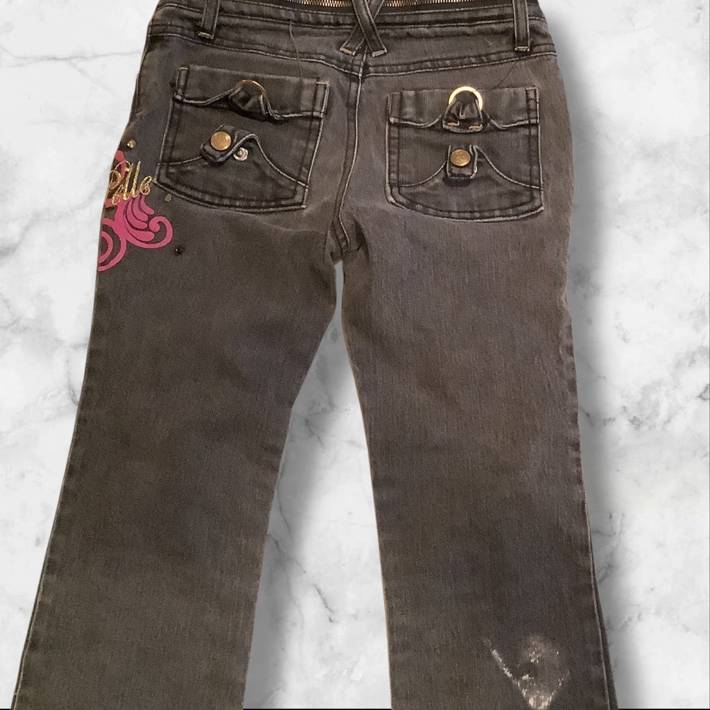 PellePelle Girls Size 6X Black Jeans With Belle Belle Design & Embroidered Cuffs