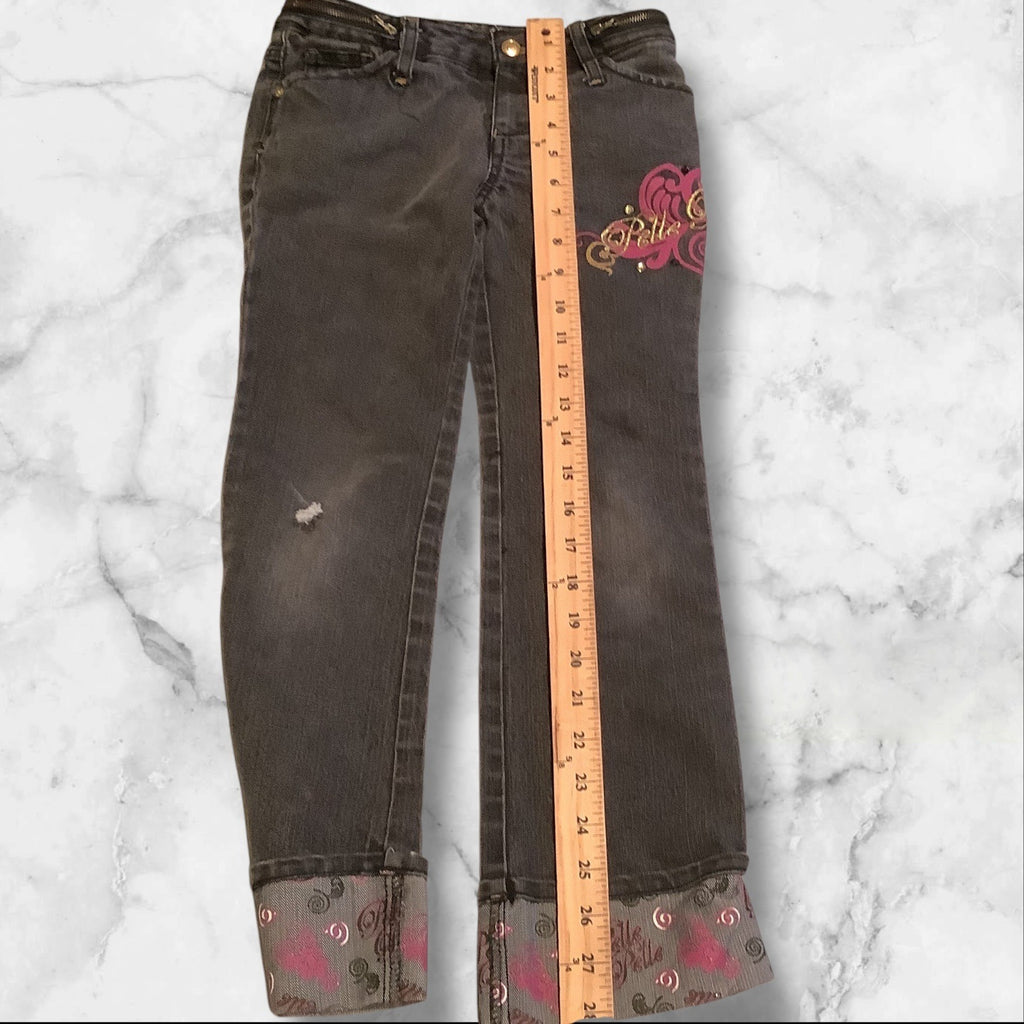 PellePelle Girls Size 6X Black Jeans With Belle Belle Design & Embroidered Cuffs