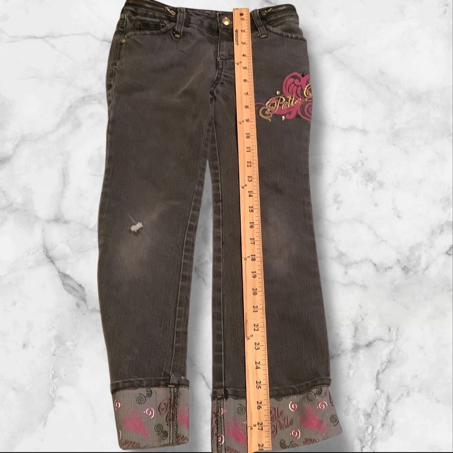 PellePelle Girls Size 6X Black Jeans With Belle Belle Design & Embroidered Cuffs
