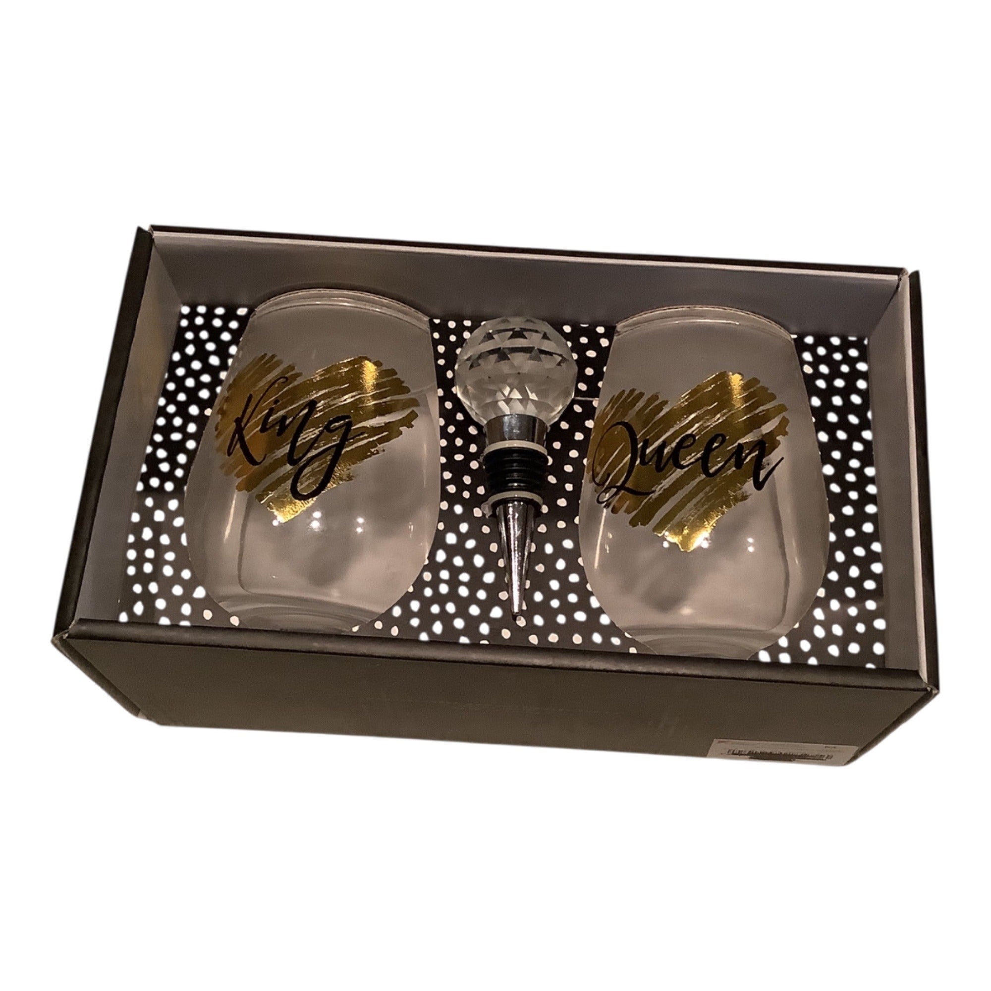 King & Queen 22 Oz Stemless Wine Glasses With Crystal Bottle Stopper Gift Set