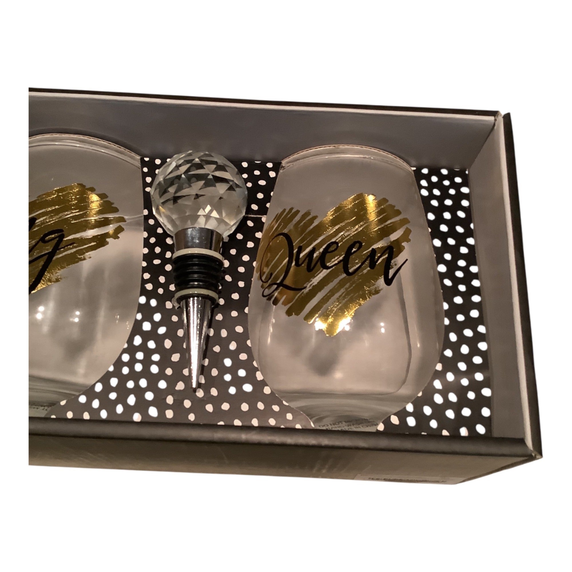 King & Queen 22 Oz Stemless Wine Glasses With Crystal Bottle Stopper Gift Set