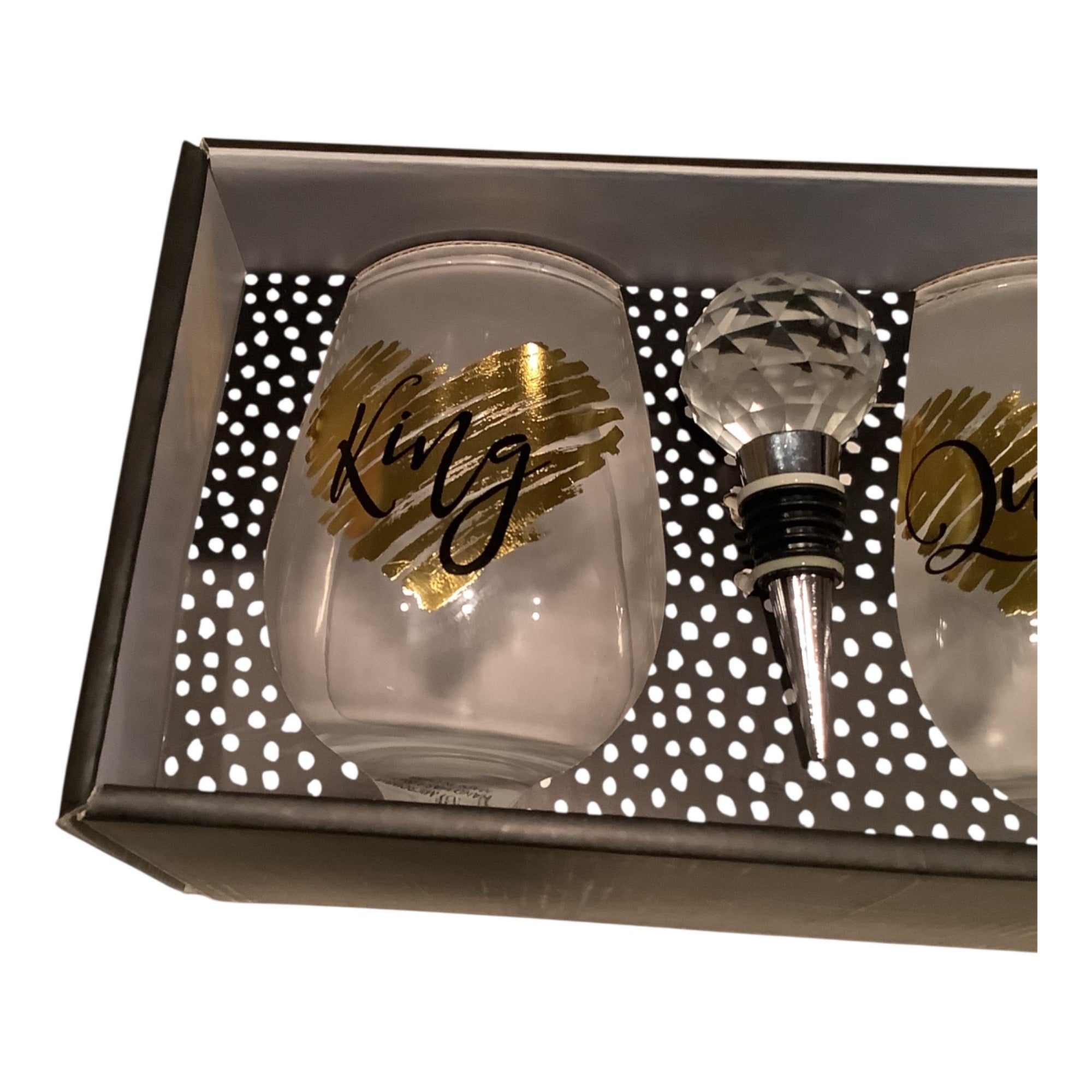 King & Queen 22 Oz Stemless Wine Glasses With Crystal Bottle Stopper Gift Set