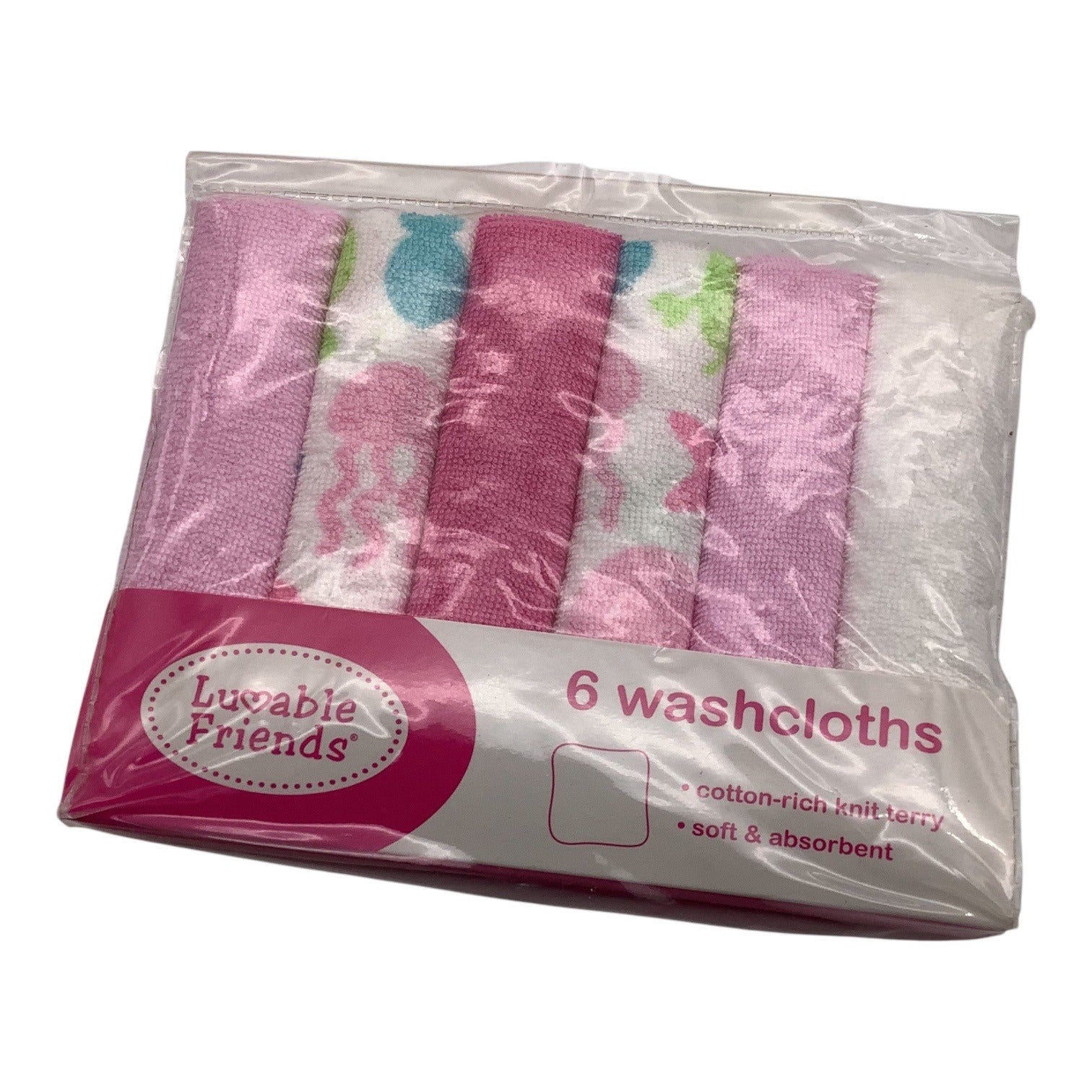 Luvable Friends Girls Baby Washcloths Pink Ocean Creatures Soft Cotton Rich Knit