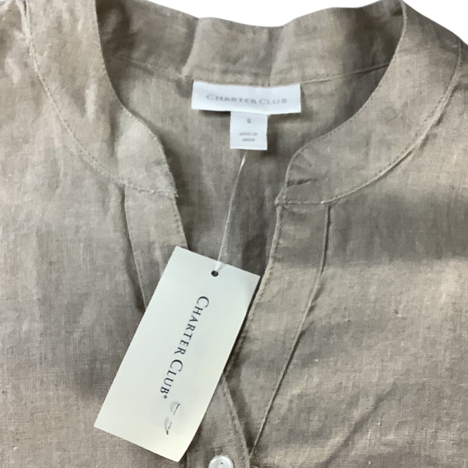 Charter Club Women’s Flax Button Front Tie Hem Shirt Size S Collarless