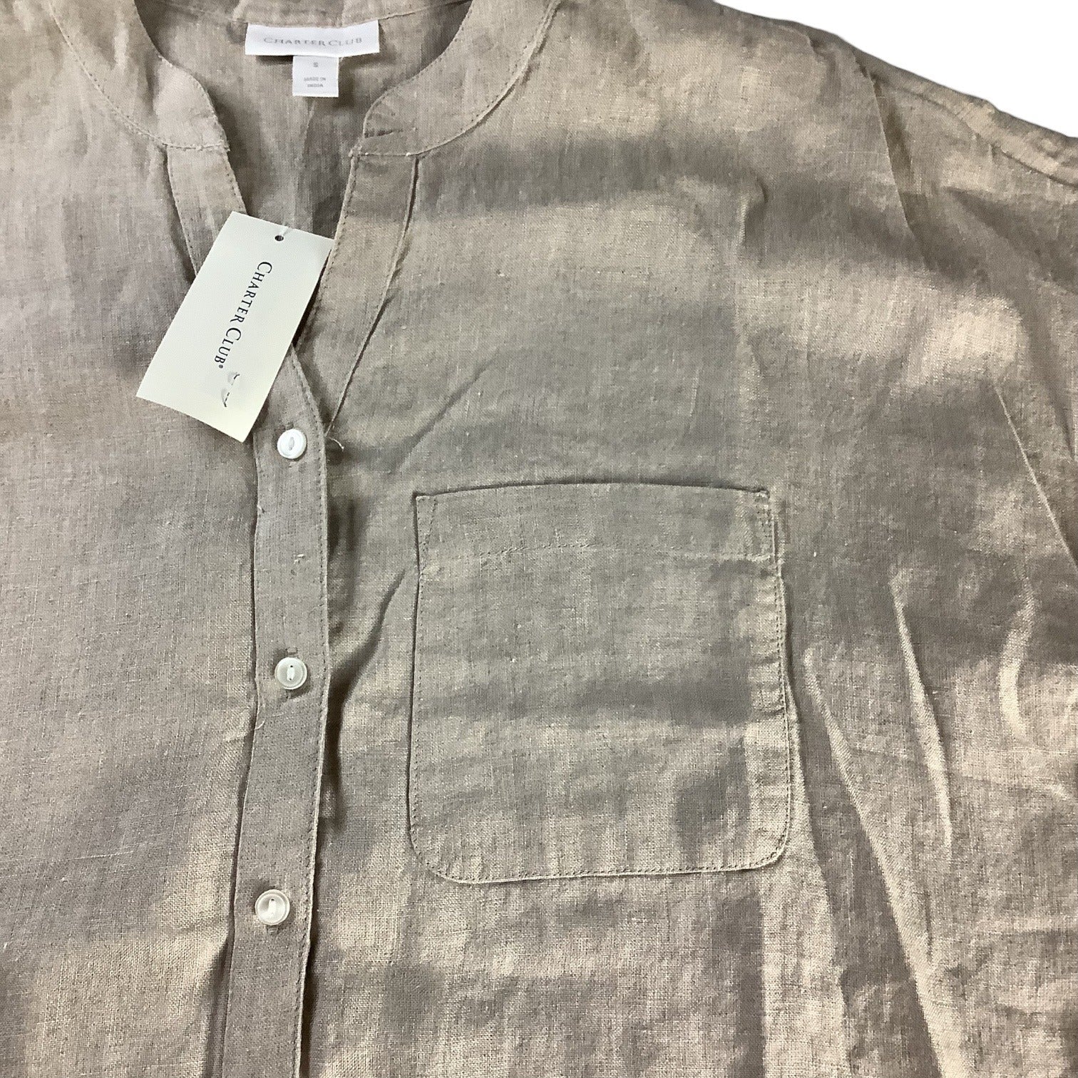 Charter Club Women’s Flax Button Front Tie Hem Shirt Size S Collarless