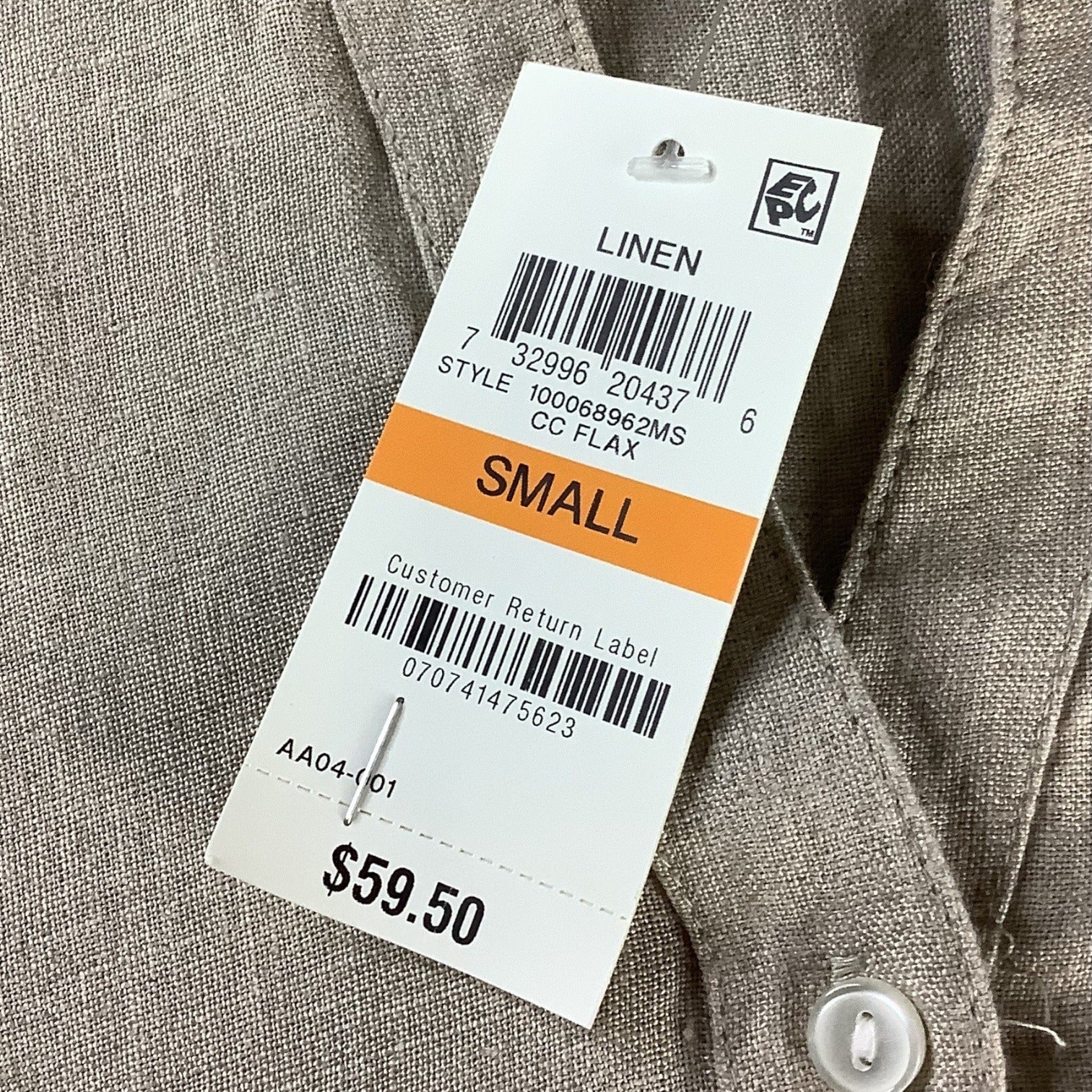 Charter Club Women’s Flax Button Front Tie Hem Shirt Size S Collarless