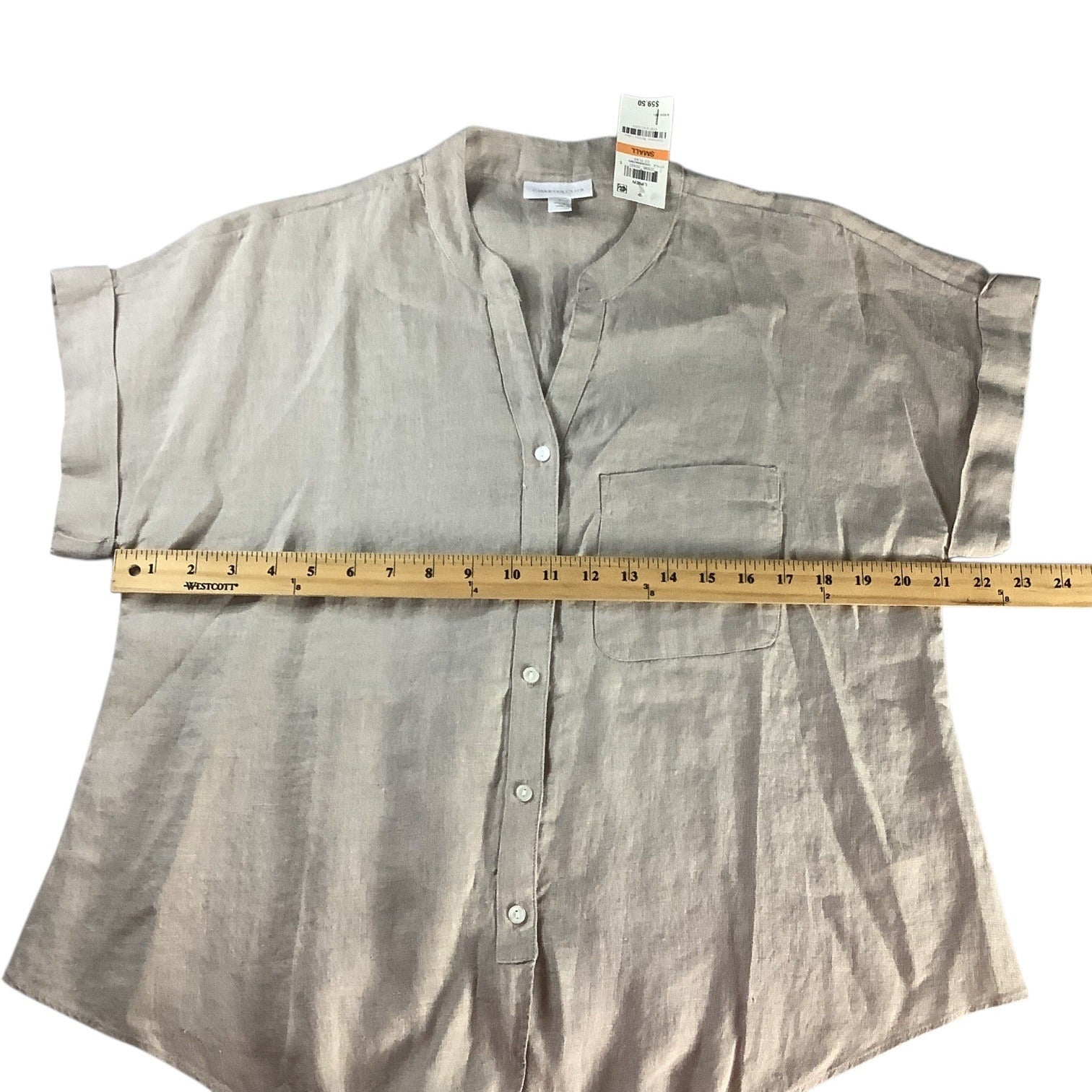 Charter Club Women’s Flax Button Front Tie Hem Shirt Size S Collarless
