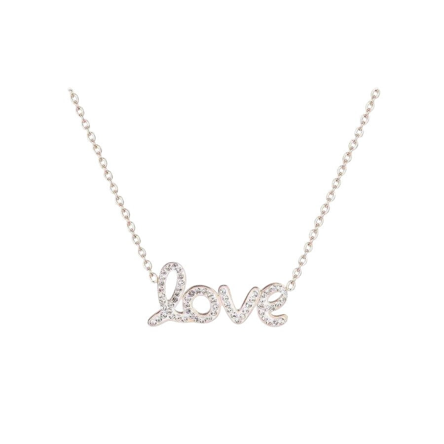 Love Rhinestones Chain Necklace Rose Gold & White Stainless Steel & Rhinestone