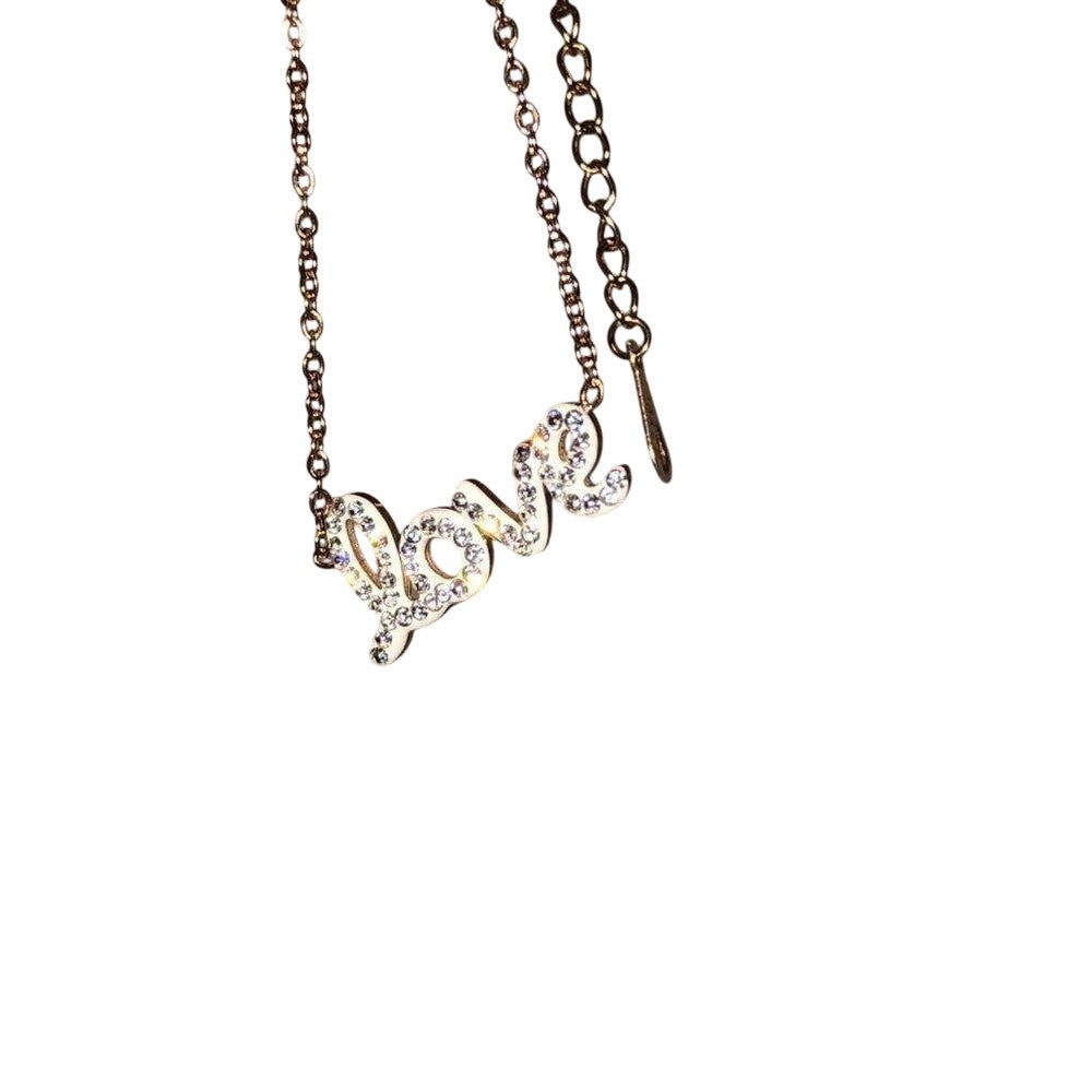 Love Rhinestones Chain Necklace Rose Gold & White Stainless Steel & Rhinestone