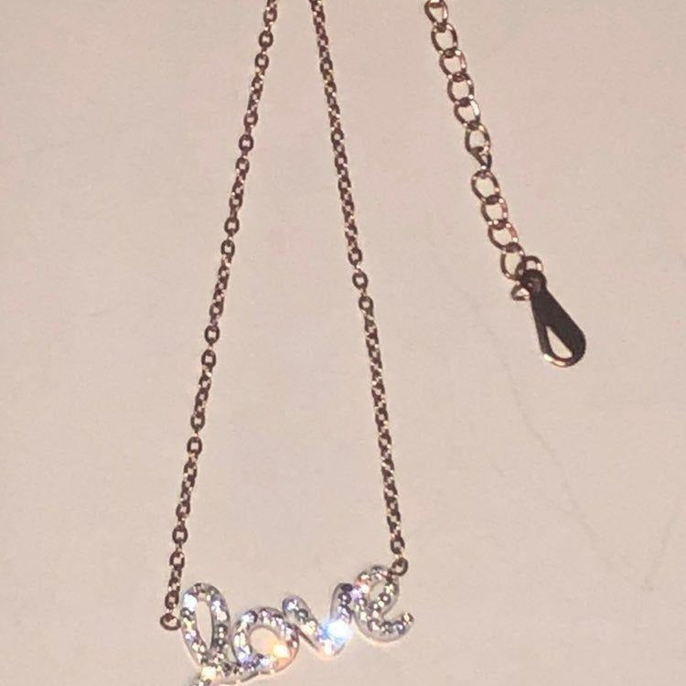 Love Rhinestones Chain Necklace Rose Gold & White Stainless Steel & Rhinestone