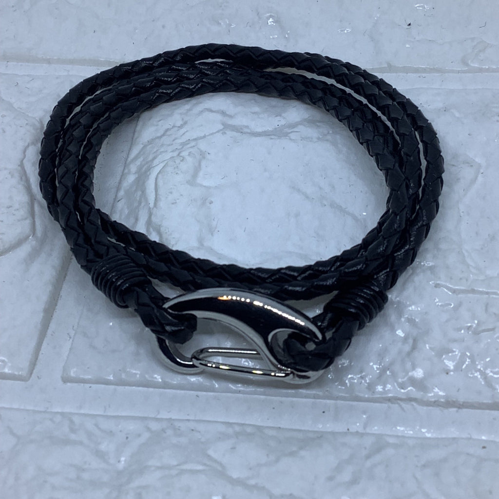 Black Woven Leather Double Wrap Bracelet Silver Tone Lobster Clasp Adjustable