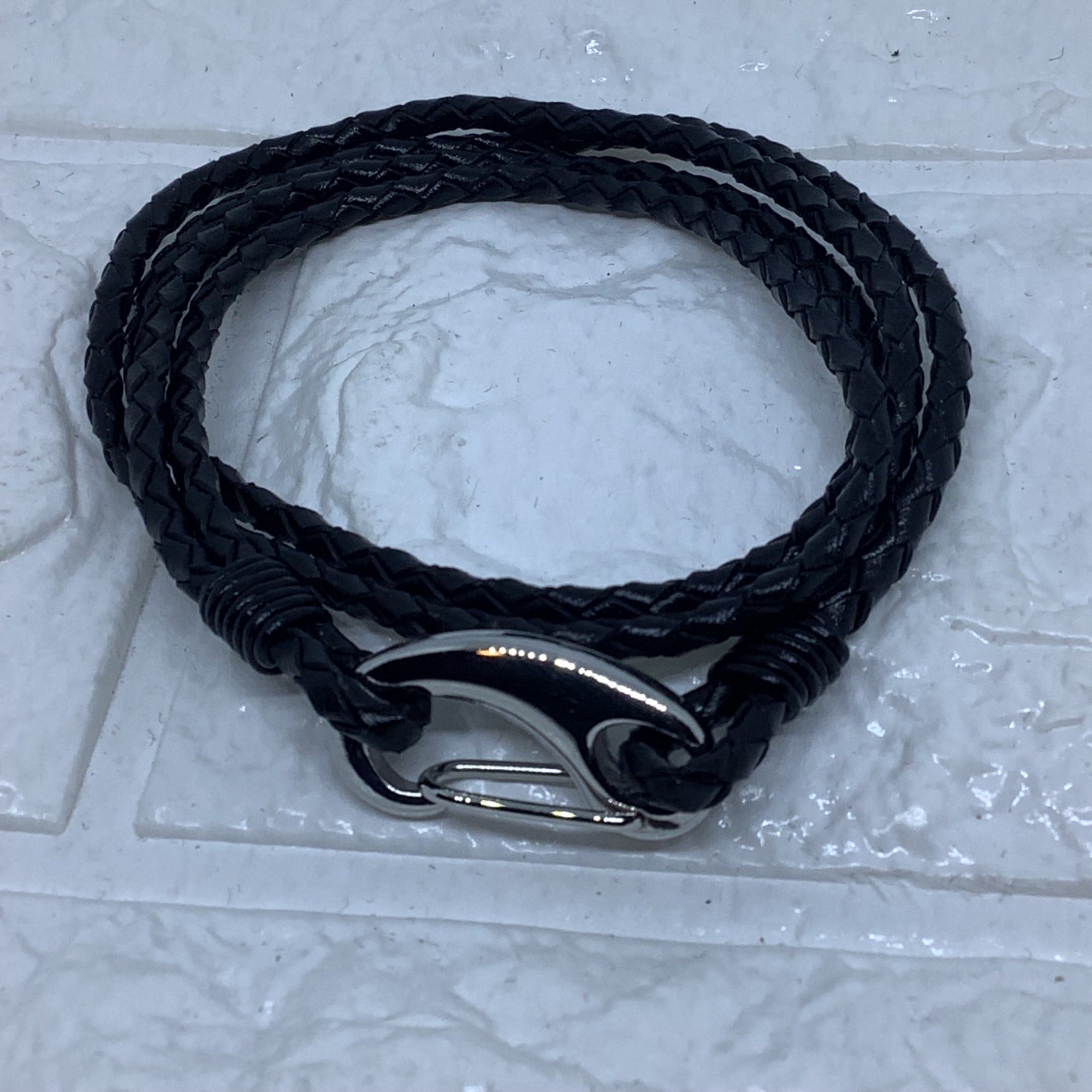 Black Woven Leather Double Wrap Bracelet Silver Tone Lobster Clasp Adjustable