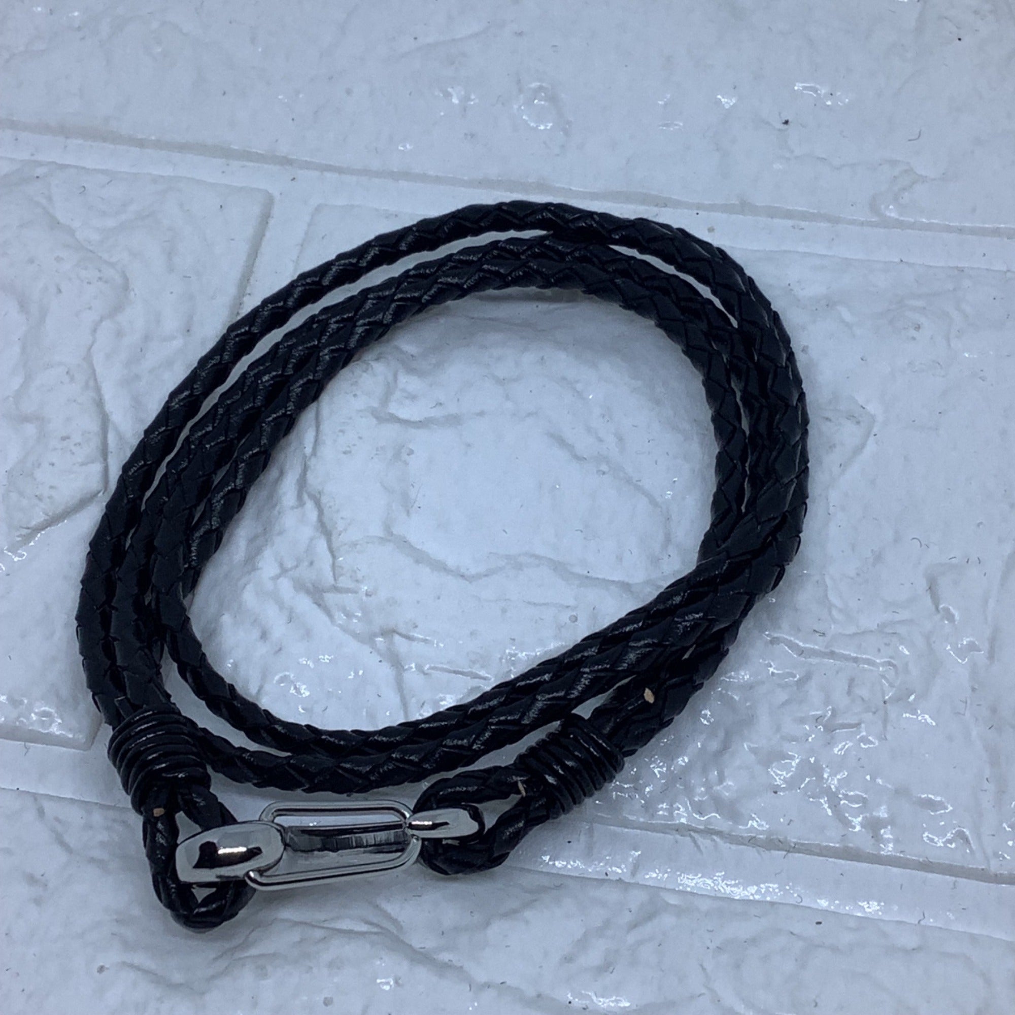 Black Woven Leather Double Wrap Bracelet Silver Tone Lobster Clasp Adjustable