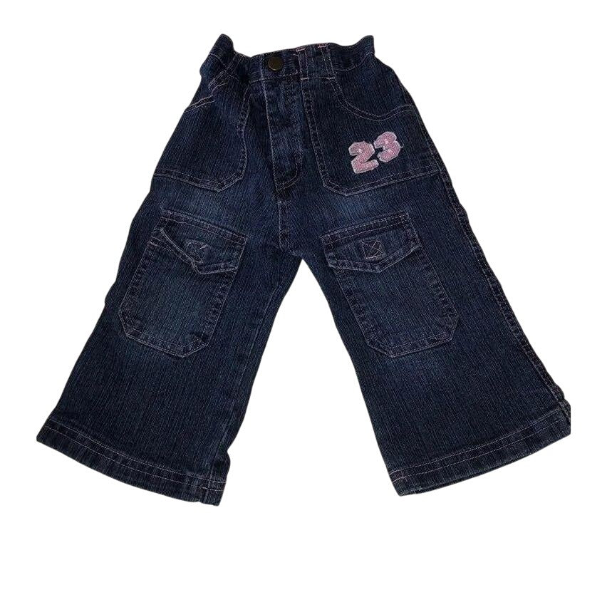 Baby Girls 12M Blue Denim Jeans Pink Heart & Number 23 Embroidery Snap Button