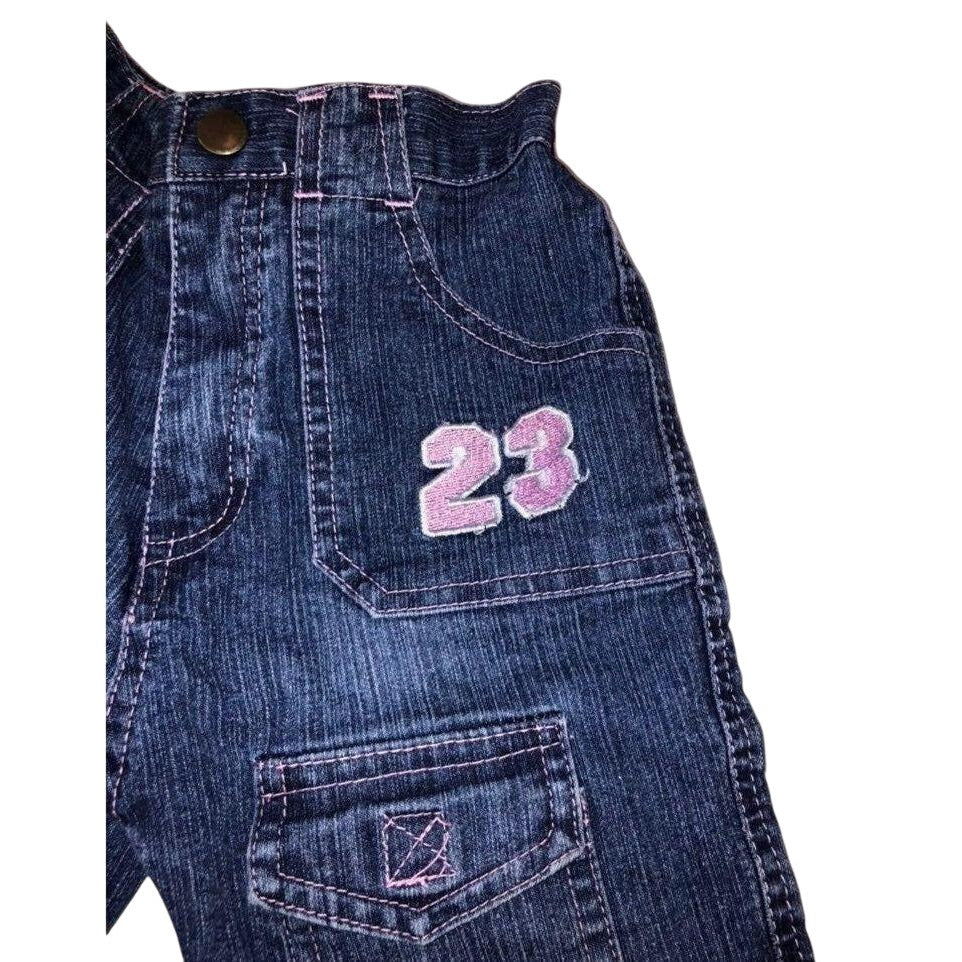 Baby Girls 12M Blue Denim Jeans Pink Heart & Number 23 Embroidery Snap Button