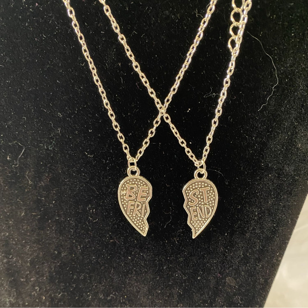 Best Friends Broken Heart Pendant Necklace Pair Silver Tone Chain