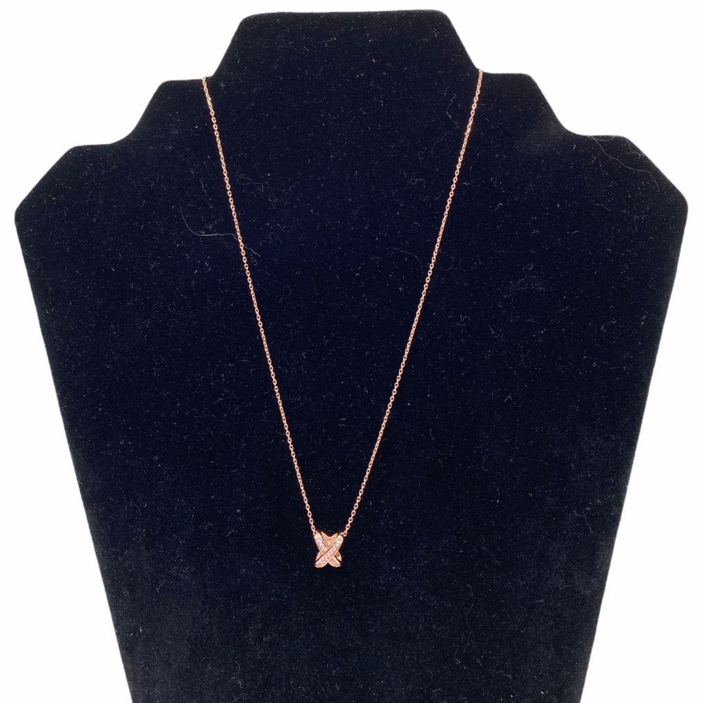X Intertwined Women's Crystals Charm Necklace Rose Gold Alloy Chain Adjustable
