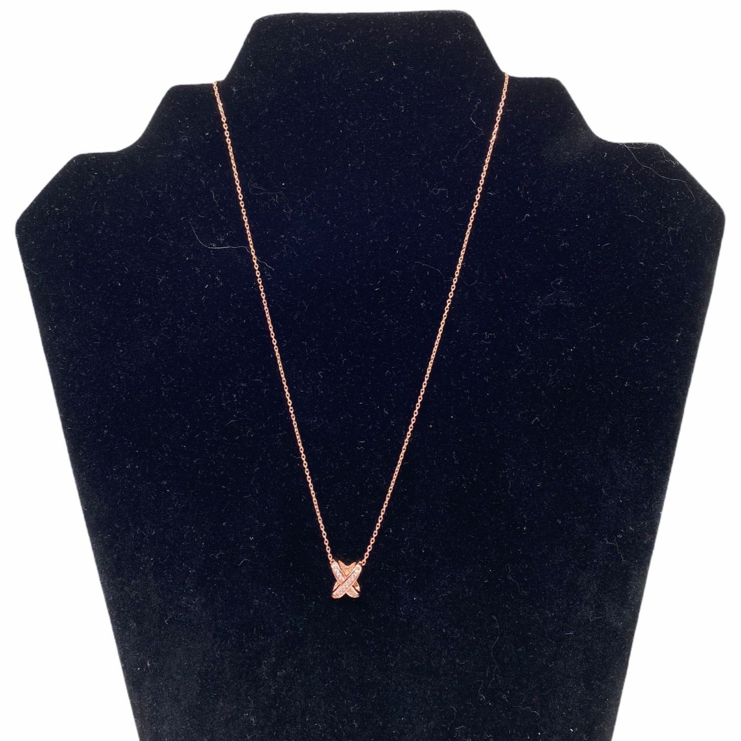 X Intertwined Women's Crystals Charm Necklace Rose Gold Alloy Chain Adjustable