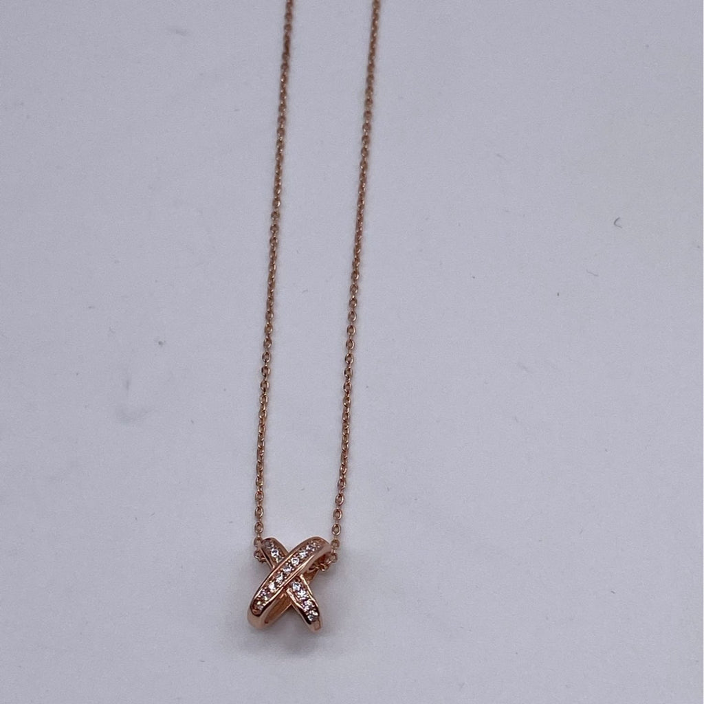 X Intertwined Women's Crystals Charm Necklace Rose Gold Alloy Chain Adjustable