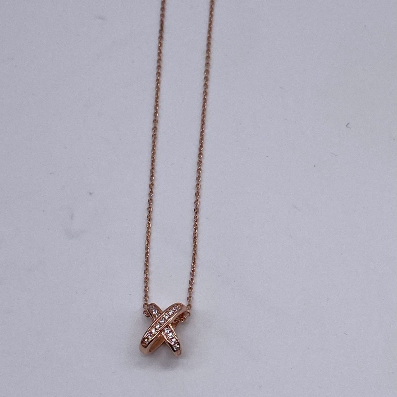 X Intertwined Women's Crystals Charm Necklace Rose Gold Alloy Chain Adjustable