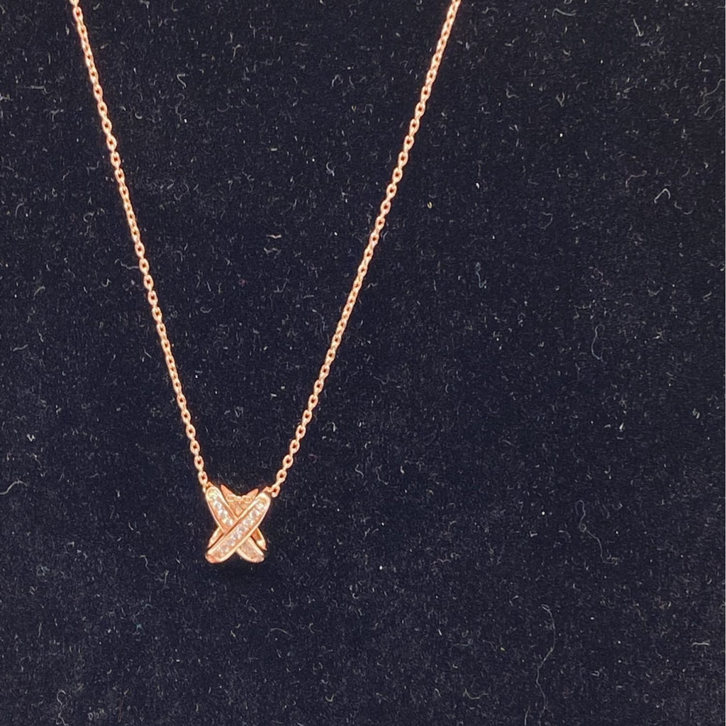 X Intertwined Women's Crystals Charm Necklace Rose Gold Alloy Chain Adjustable