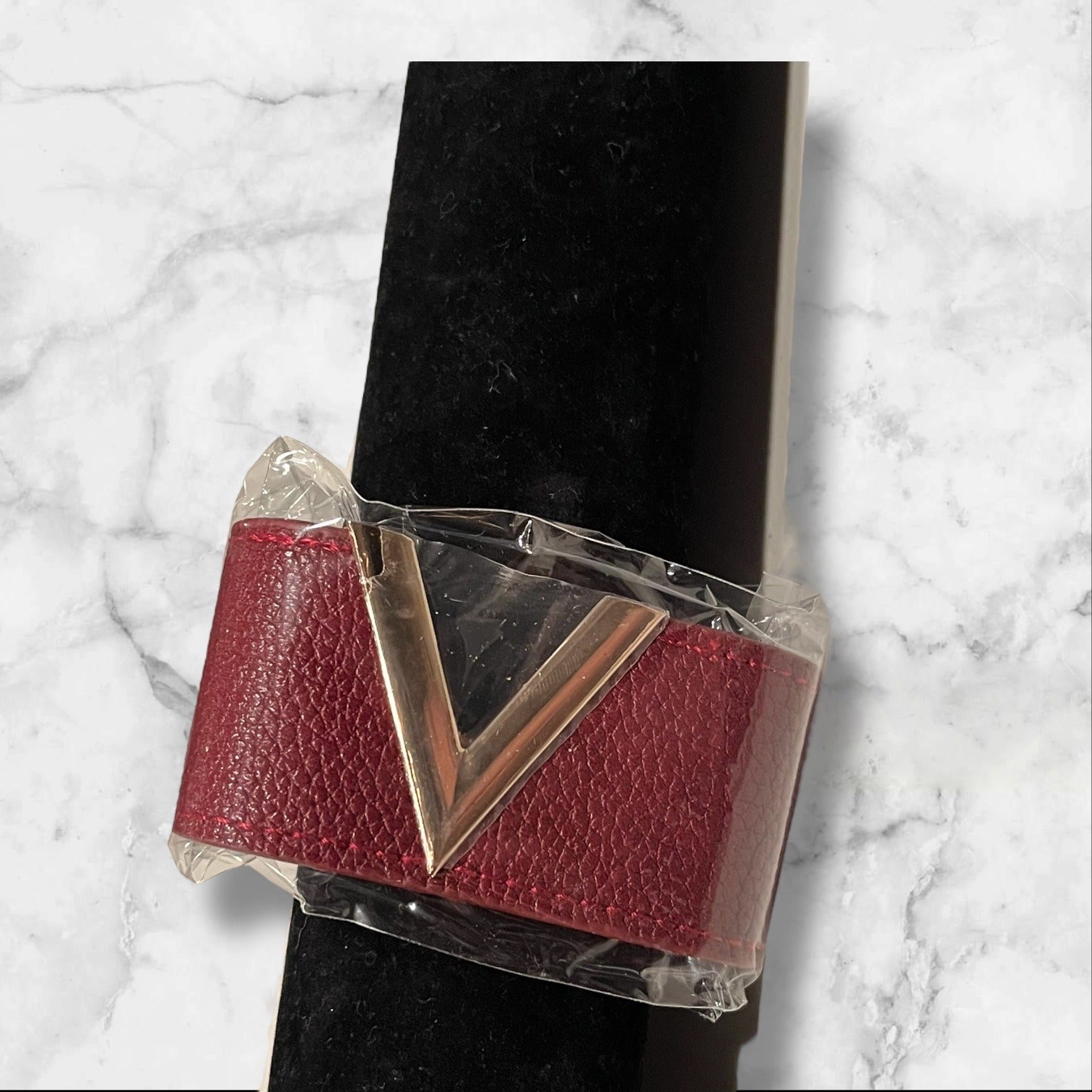 Women’s Burgundy PU Leather Bracelet With Gold "V" Detail & Snap Closure