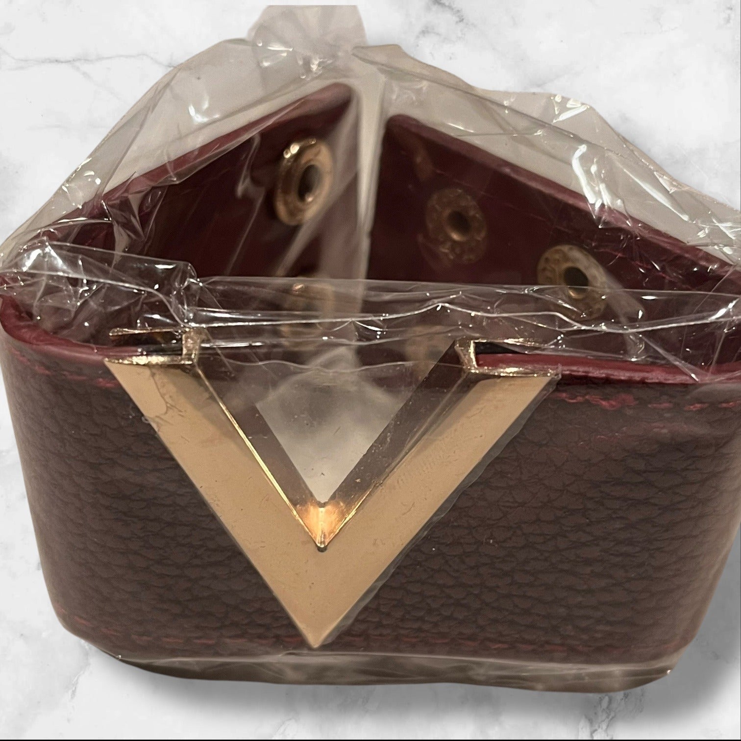 Women’s Burgundy PU Leather Bracelet With Gold "V" Detail & Snap Closure