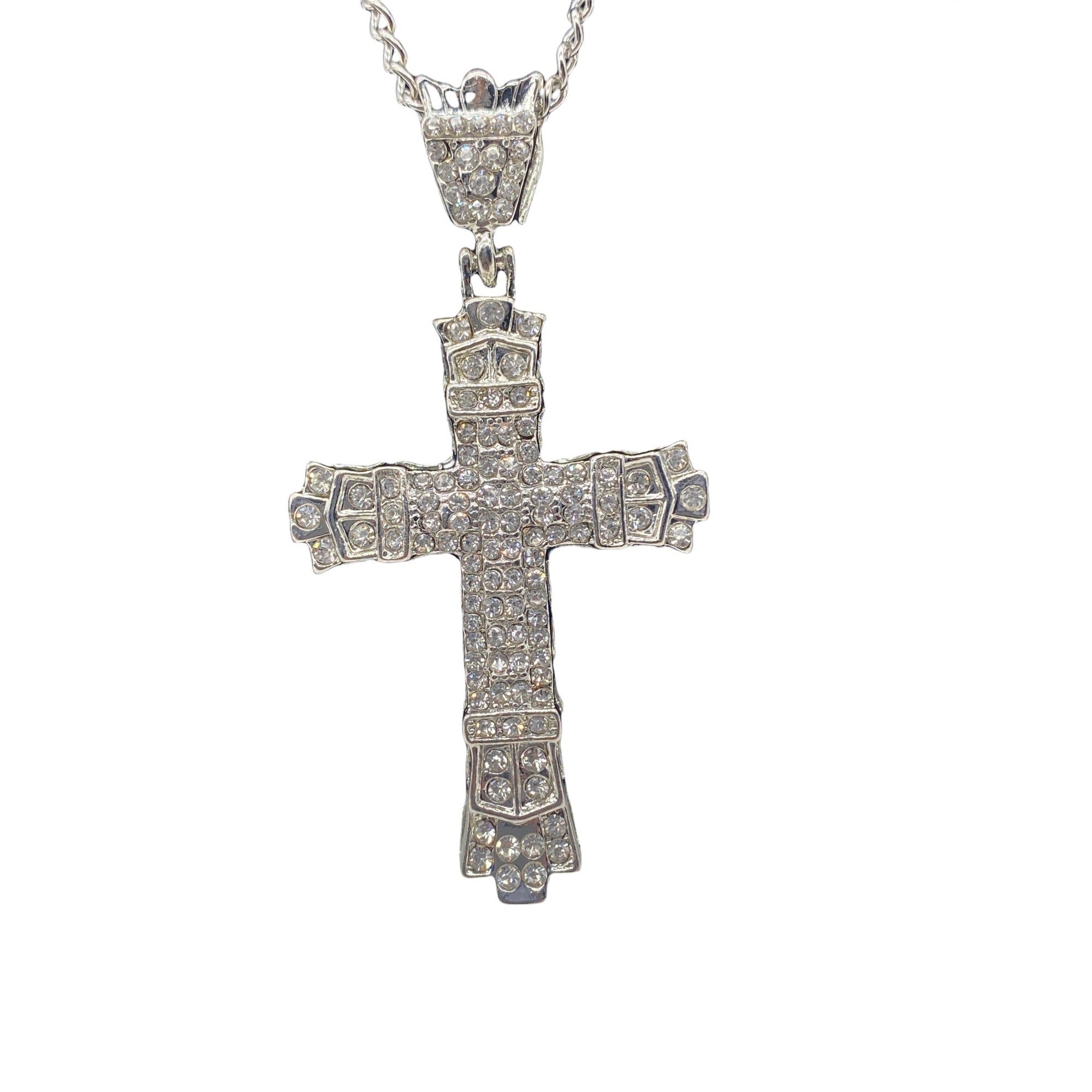 Chunky Crystal Cross Pendant Necklace Silver Tone Unisex Chain