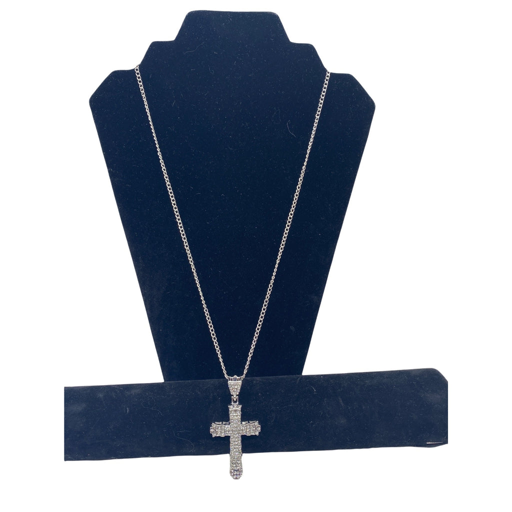 Chunky Crystal Cross Pendant Necklace Silver Tone Unisex Chain
