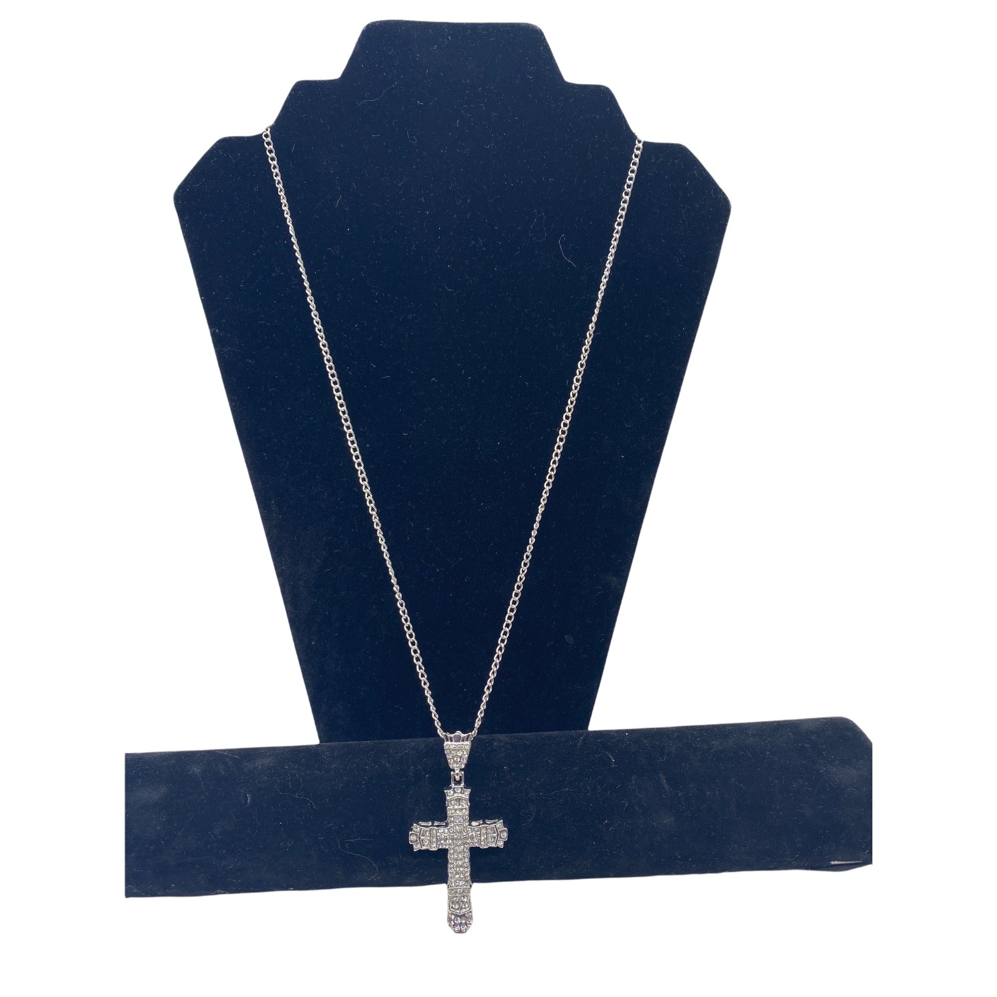 Chunky Crystal Cross Pendant Necklace Silver Tone Unisex Chain