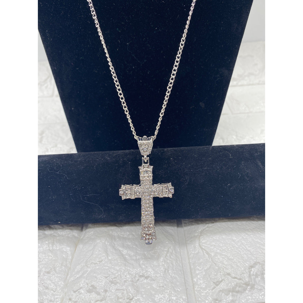 Chunky Crystal Cross Pendant Necklace Silver Tone Unisex Chain