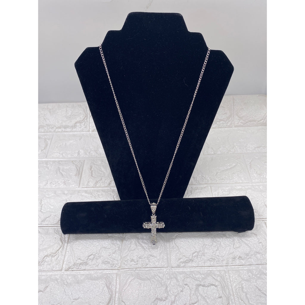 Chunky Crystal Cross Pendant Necklace Silver Tone Unisex Chain