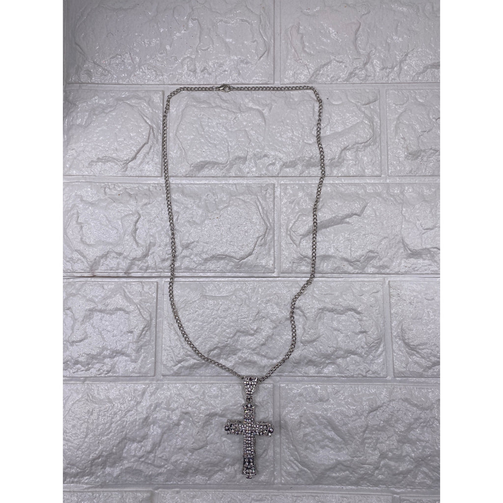 Chunky Crystal Cross Pendant Necklace Silver Tone Unisex Chain