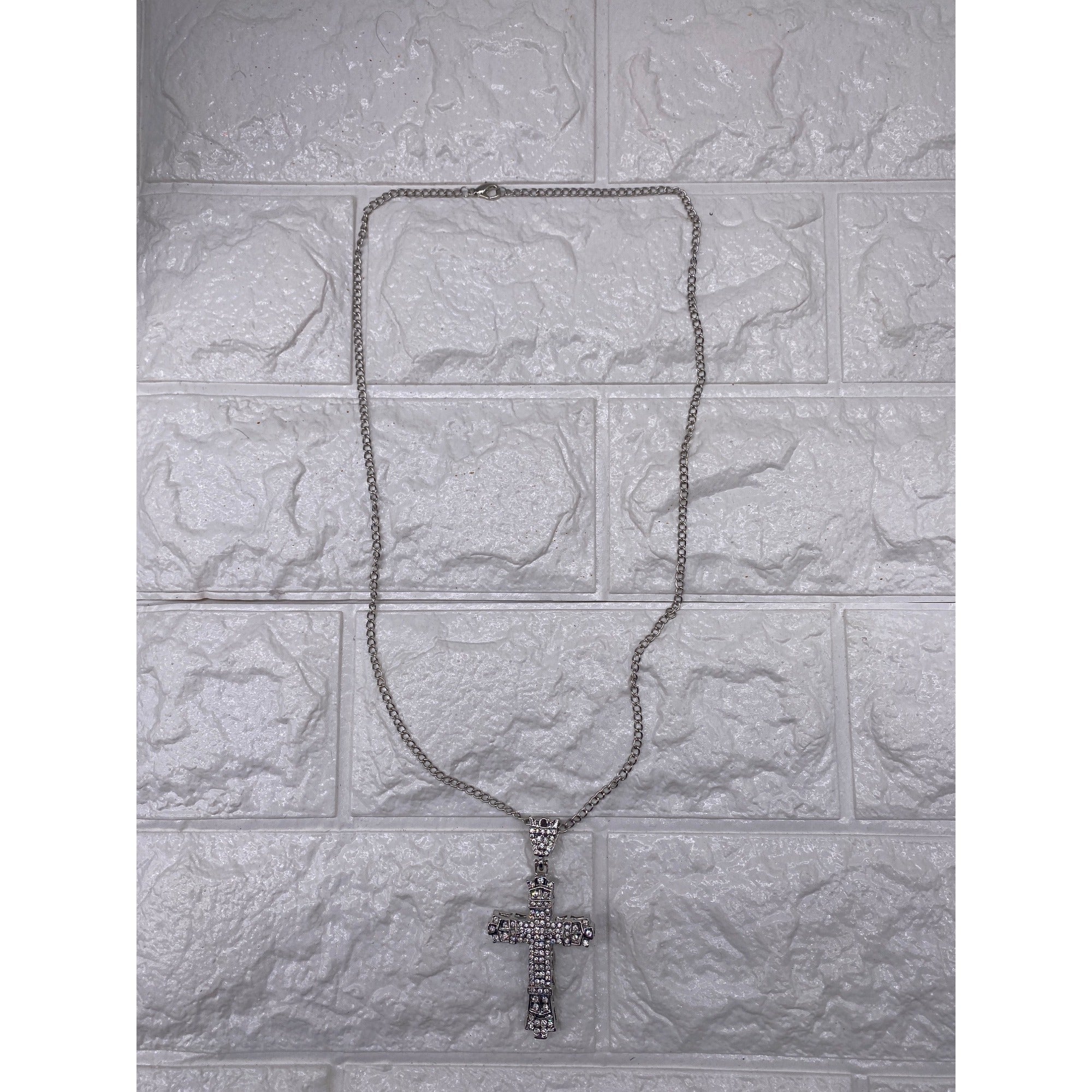 Chunky Crystal Cross Pendant Necklace Silver Tone Unisex Chain