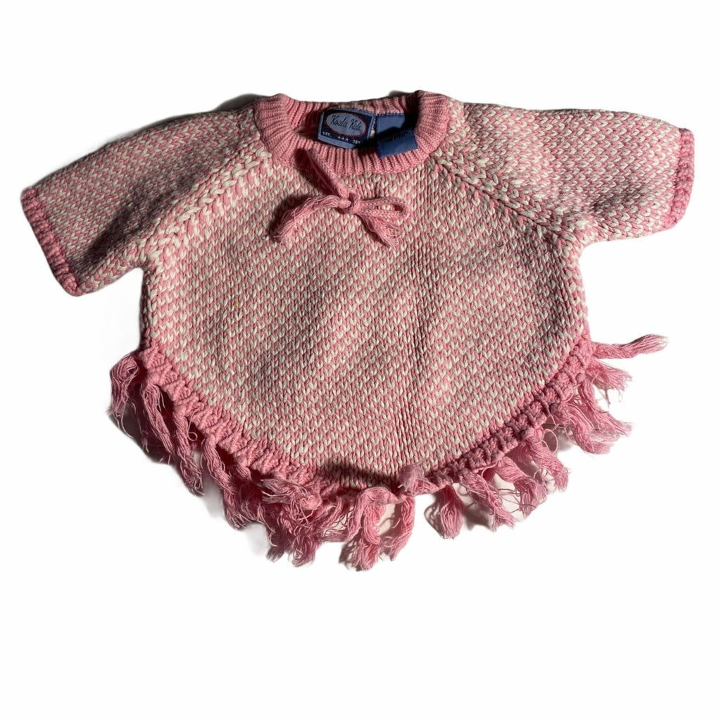 Koala Kids Baby Girl Fringe Knit Poncho Pink & White Size 3-6M 100% Cotton