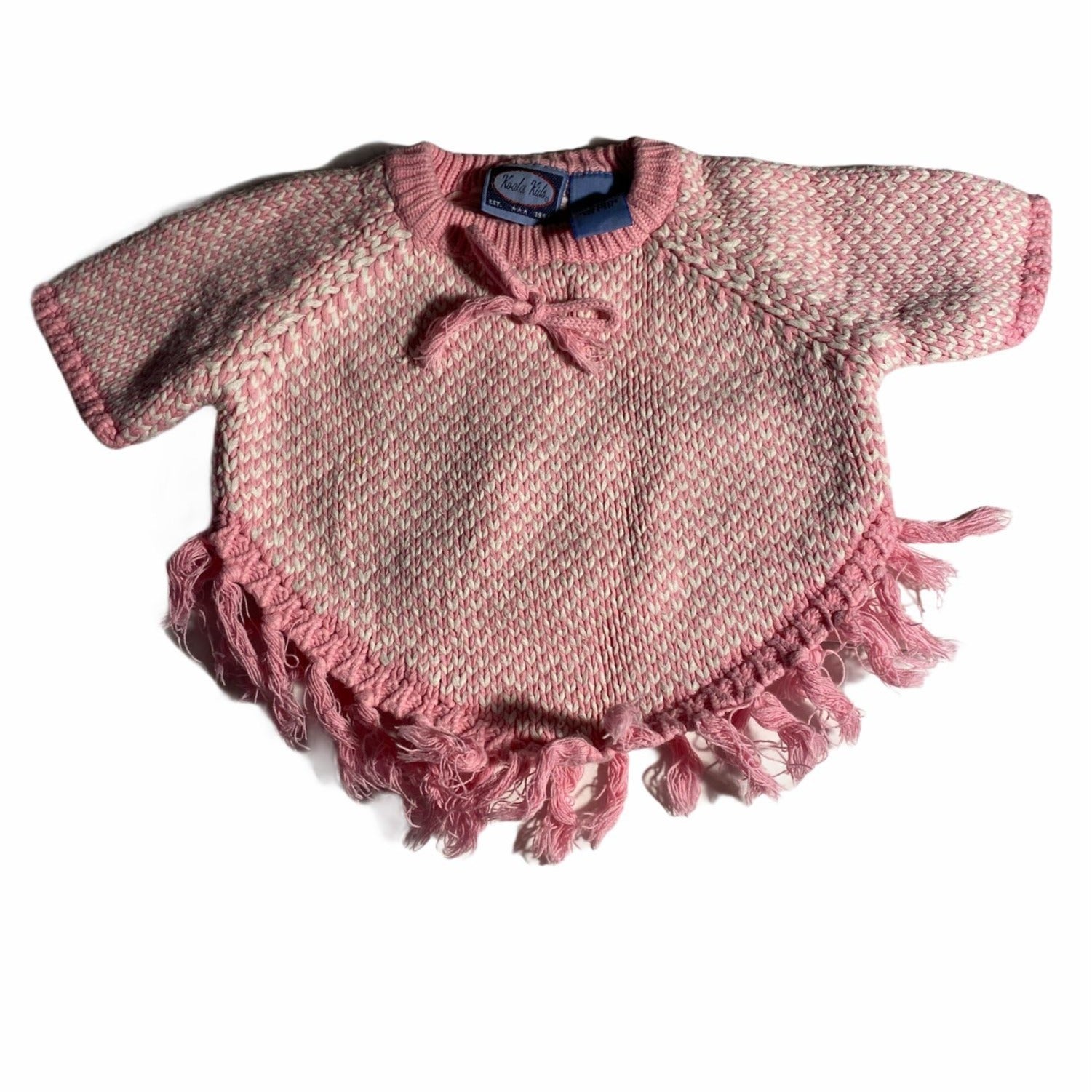 Koala Kids Baby Girl Fringe Knit Poncho Pink & White Size 3-6M 100% Cotton