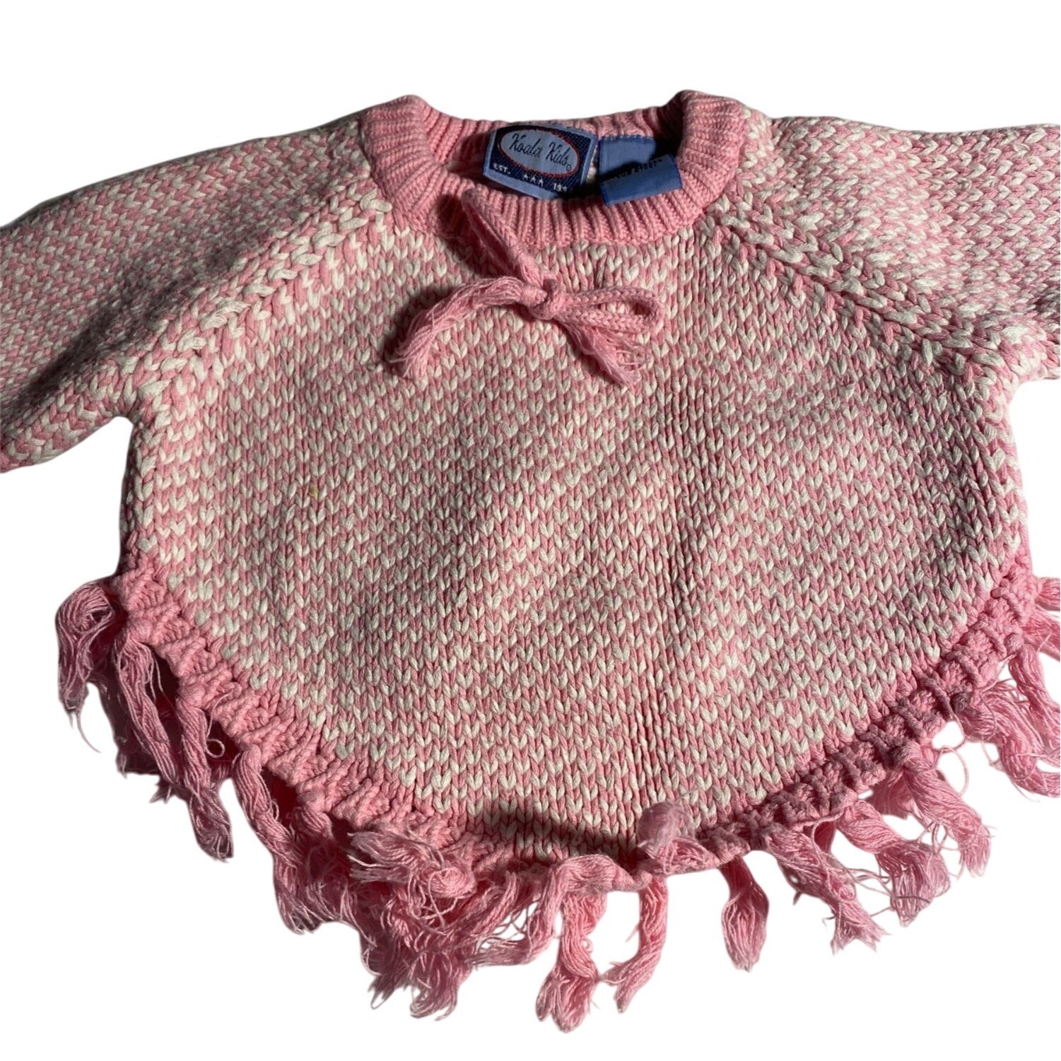 Koala Kids Baby Girl Fringe Knit Poncho Pink & White Size 3-6M 100% Cotton