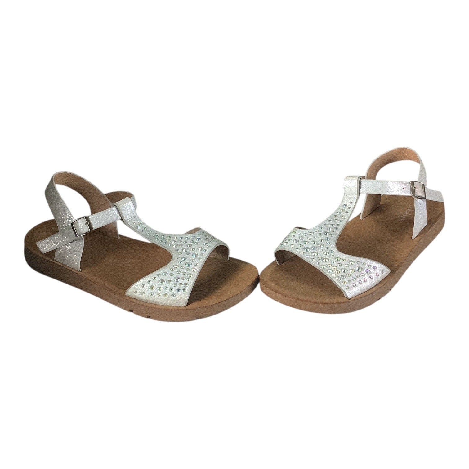 Link Comfort Girls White Rhinestone T-Strap Sandals Sz 3 Adjustable Buckle Strap