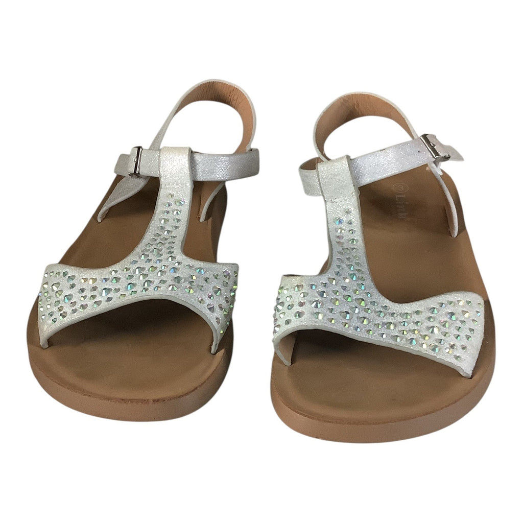 Link Comfort Girls White Rhinestone T-Strap Sandals Sz 3 Adjustable Buckle Strap