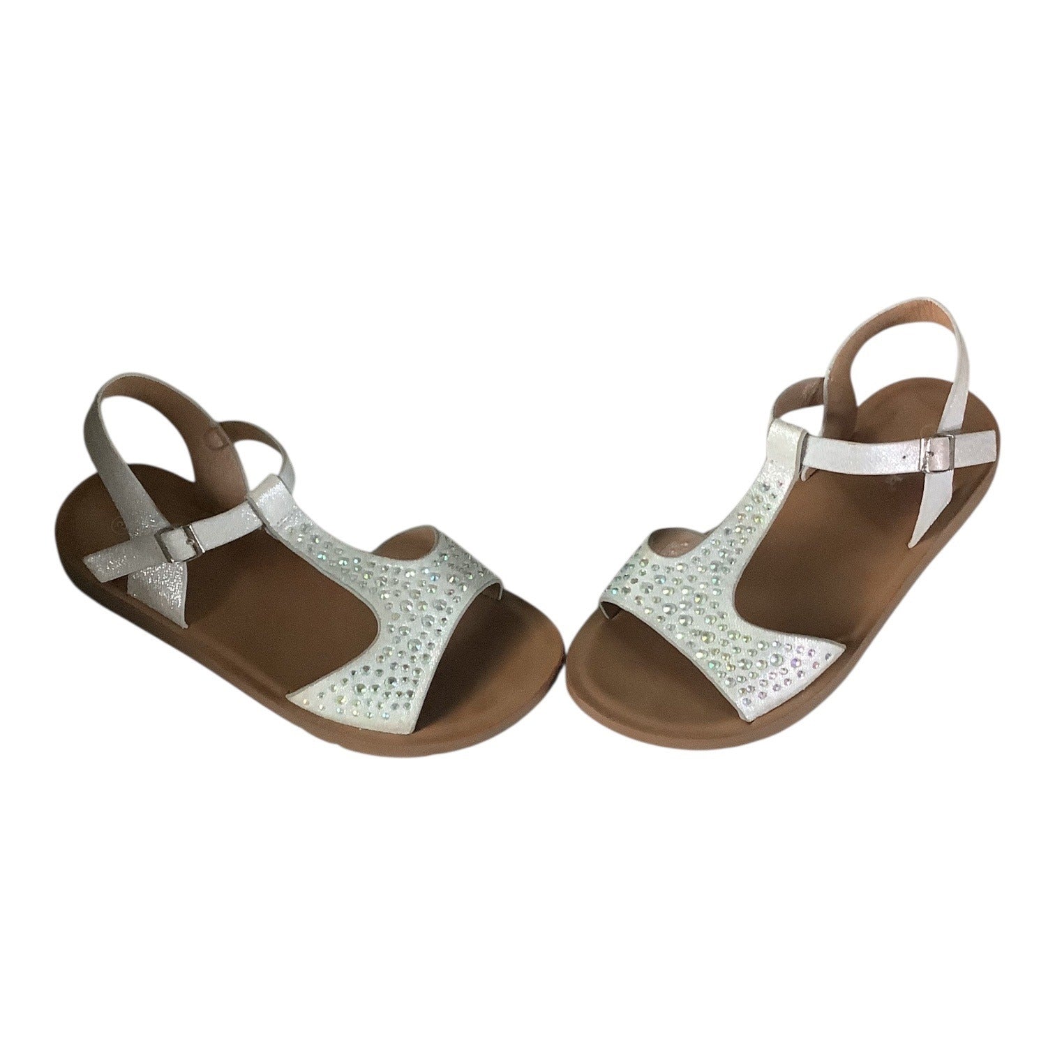 Link Comfort Girls White Rhinestone T-Strap Sandals Sz 3 Adjustable Buckle Strap