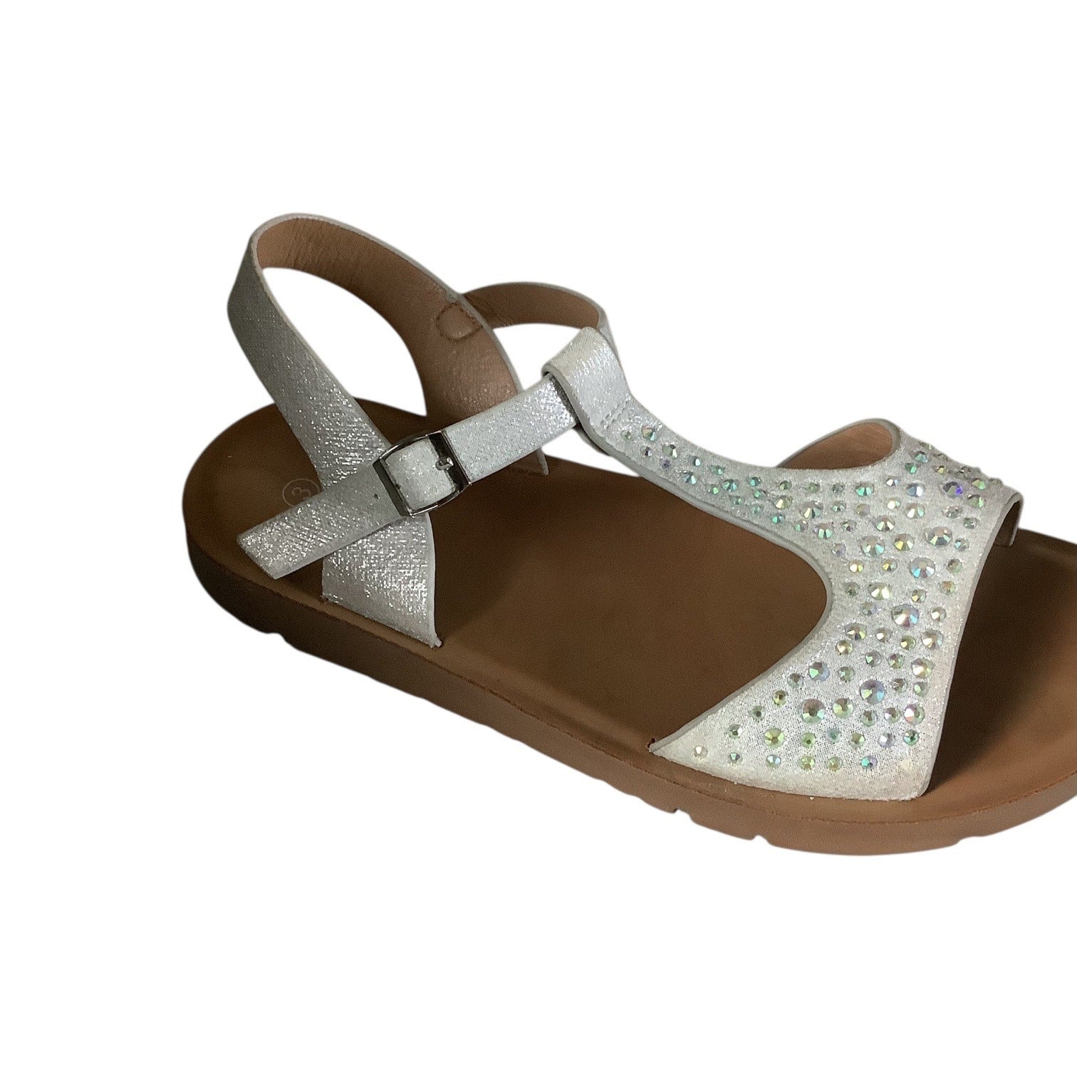Link Comfort Girls White Rhinestone T-Strap Sandals Sz 3 Adjustable Buckle Strap