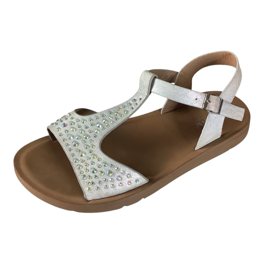 Link Comfort Girls White Rhinestone T-Strap Sandals Sz 3 Adjustable Buckle Strap