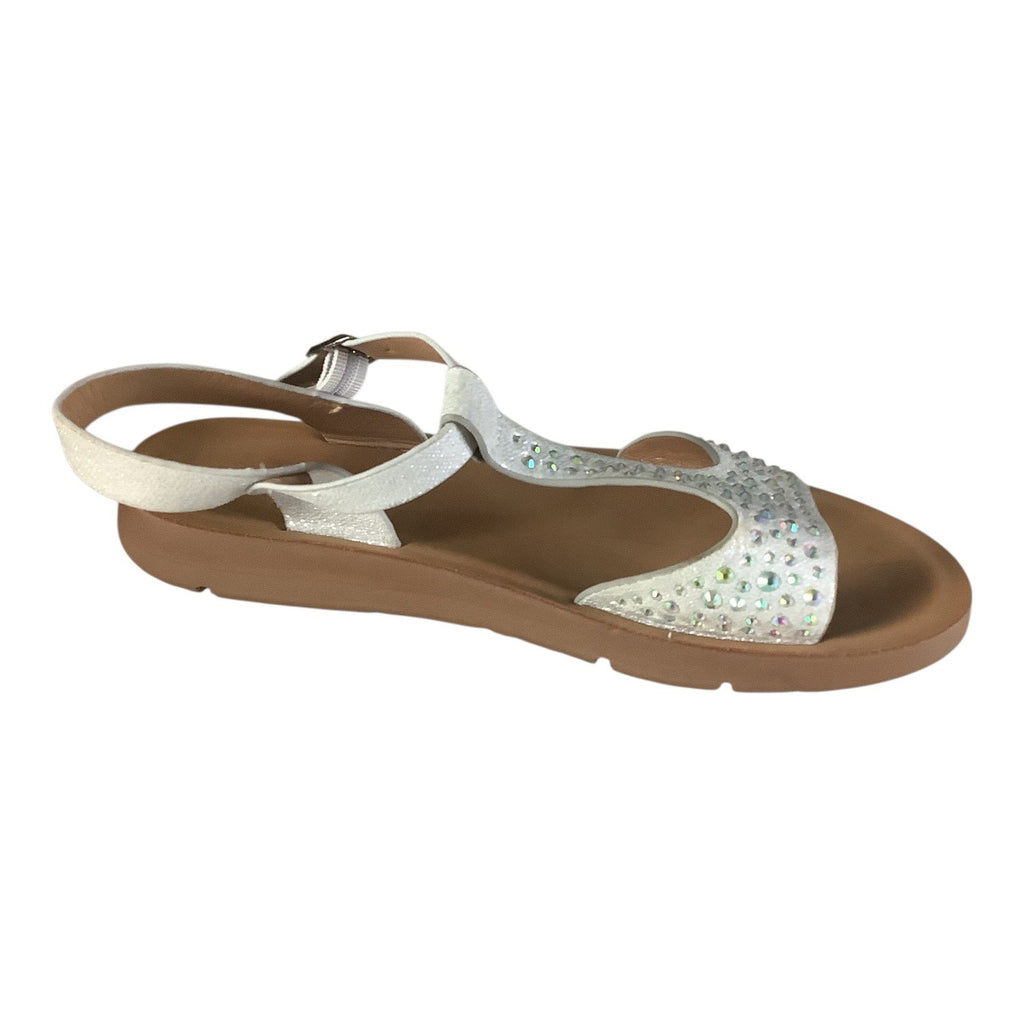 Link Comfort Girls White Rhinestone T-Strap Sandals Sz 3 Adjustable Buckle Strap