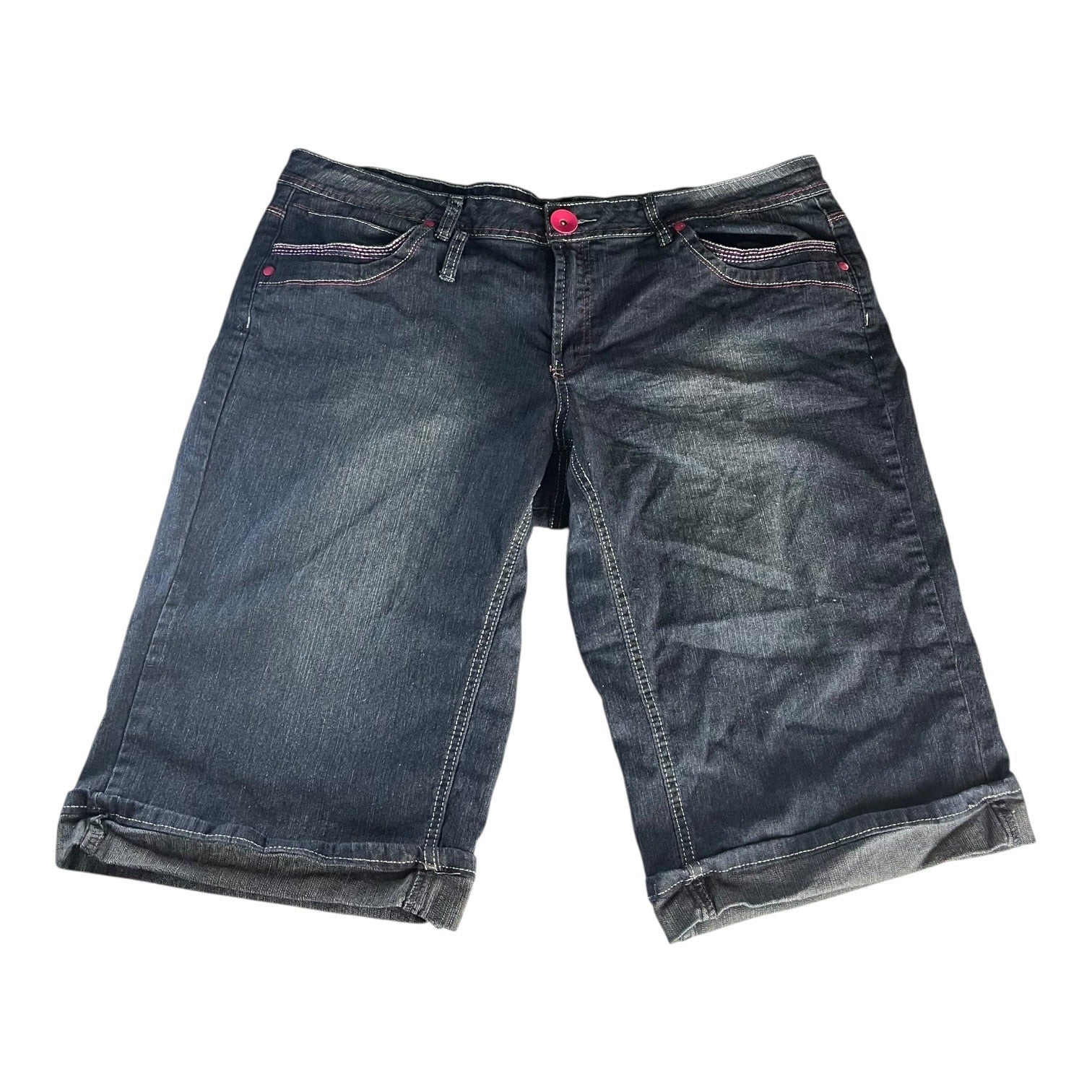 Zip Womens Stretch Denim Bermuda Shorts Size 24 Blue Five-Pocket Button Closure