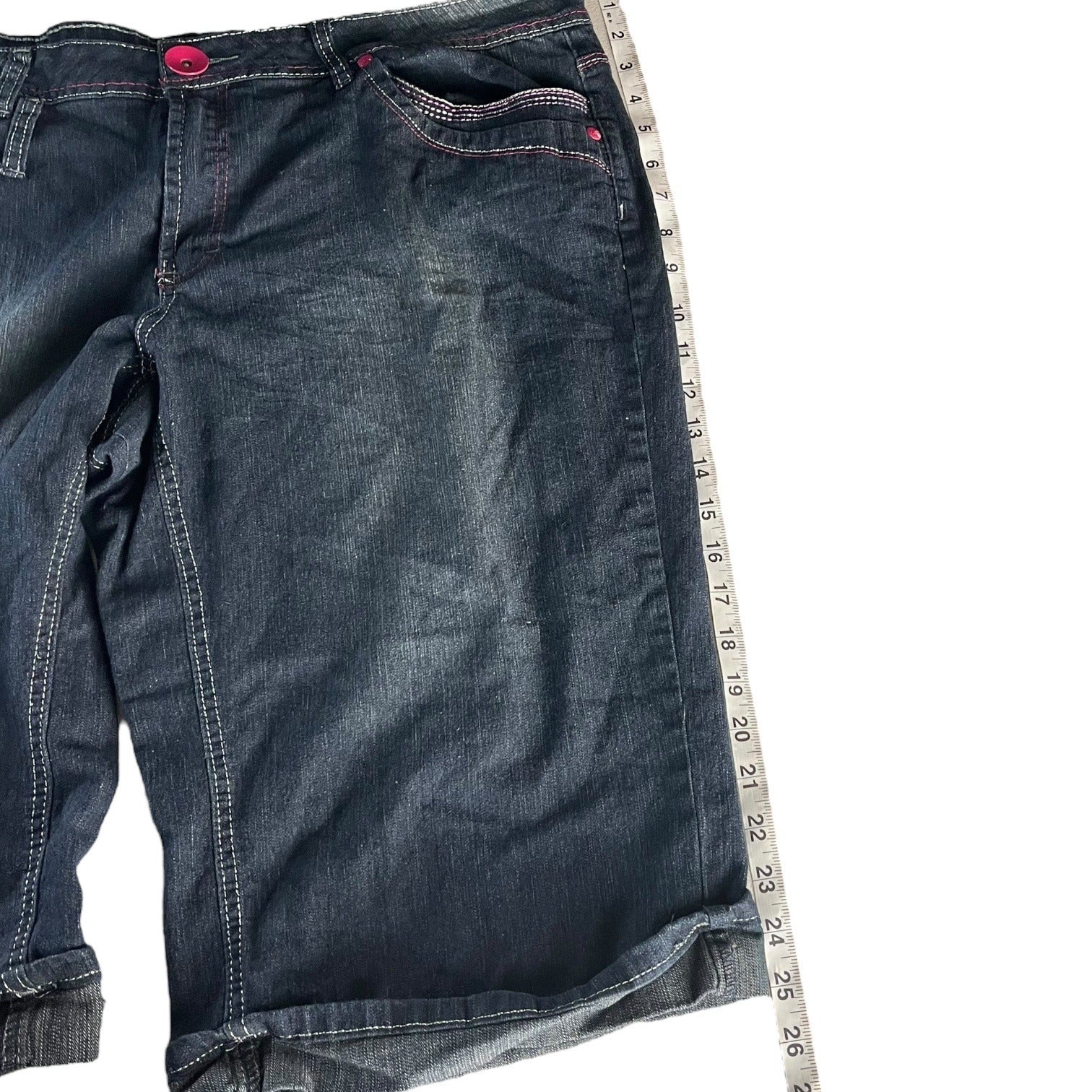 Zip Womens Stretch Denim Bermuda Shorts Size 24 Blue Five-Pocket Button Closure