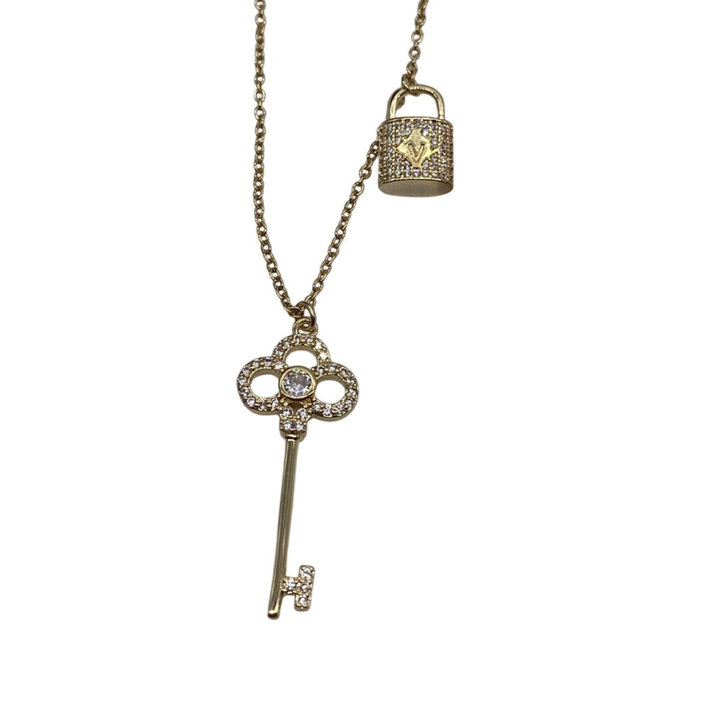 Faux Diamond Key & Lock Pendant Necklace Gold-Tone Titanium Steel 46cm Chain