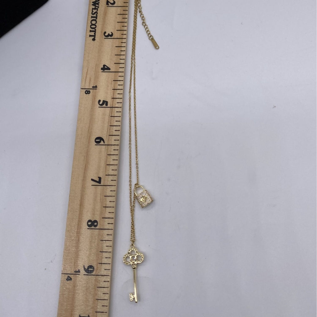 Faux Diamond Key & Lock Pendant Necklace Gold-Tone Titanium Steel 46cm Chain