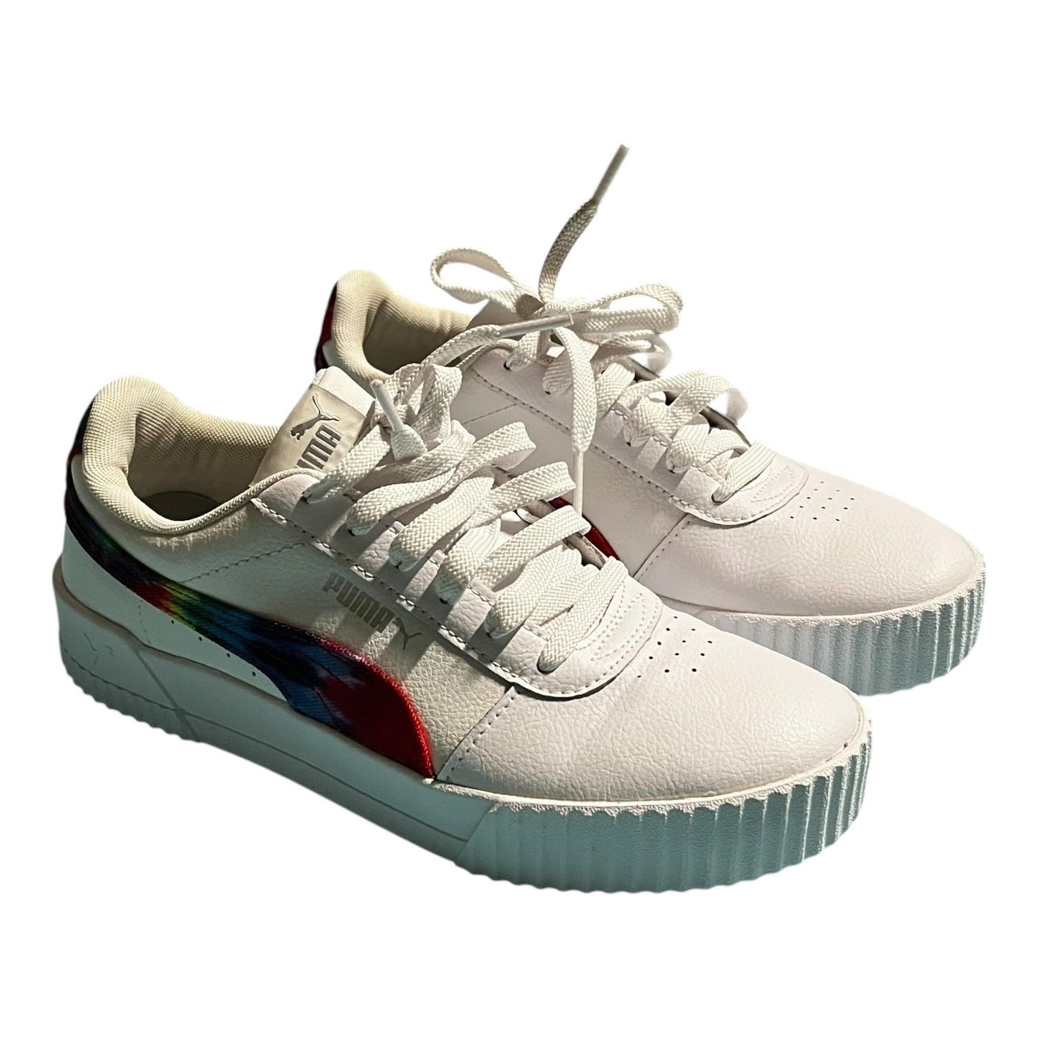 Puma Carina Tie Dye Women's Athletic Shoe White Rainbow Size 7.5 Tennis Sneakers