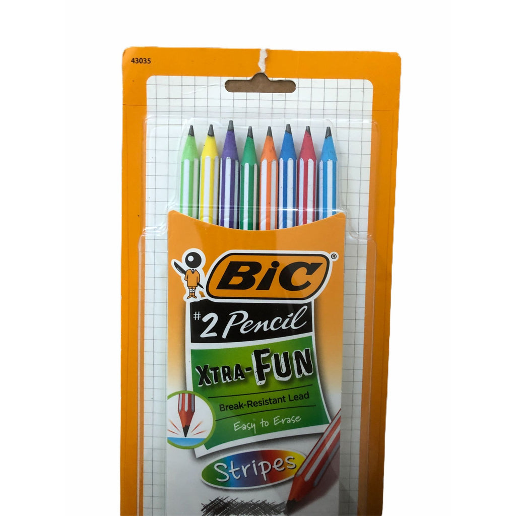 BIC Xtra Fun 2 HB Pencils Striped Durable Leads & Latex Free Erasers Pack Of 8